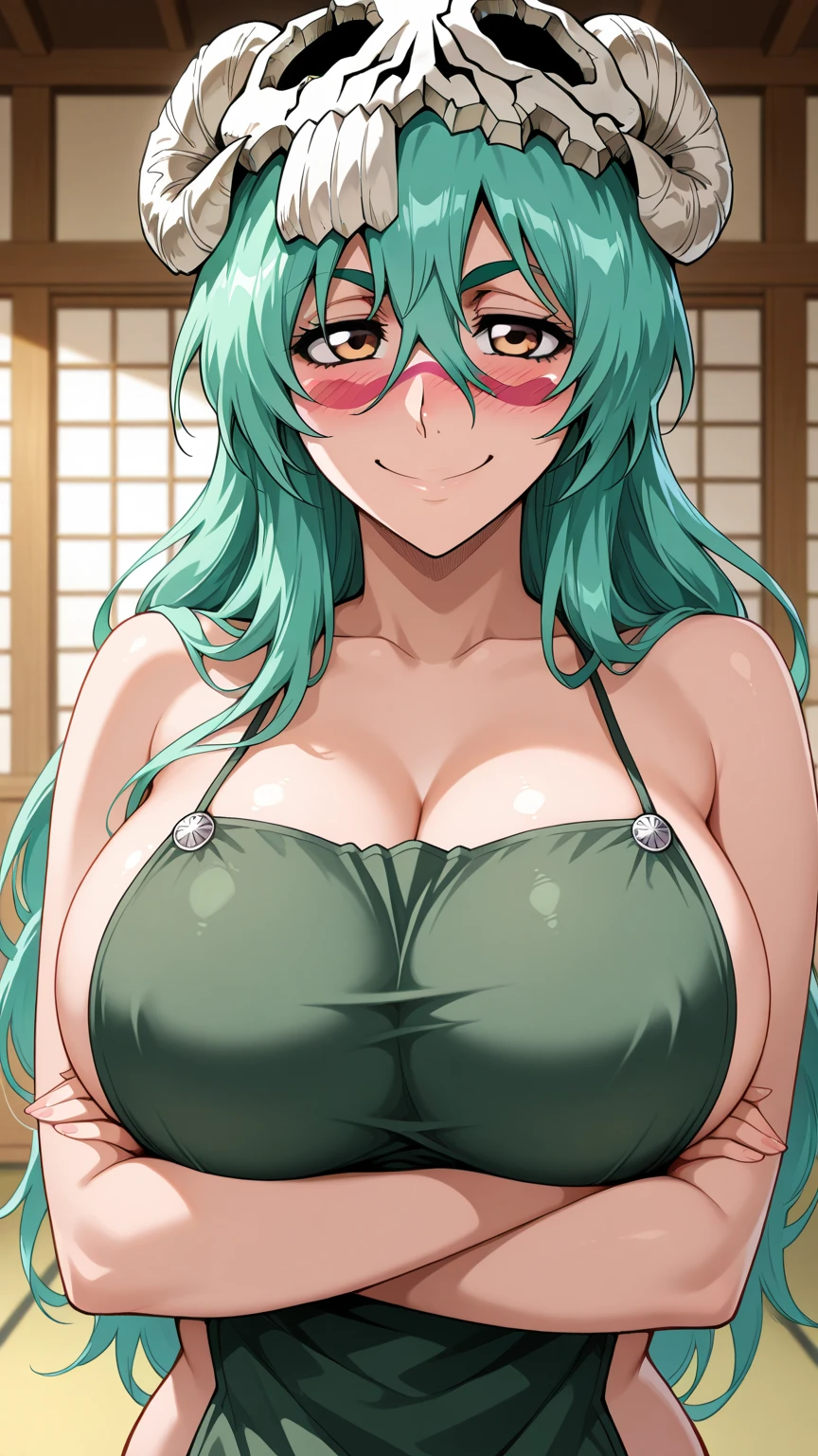 masterpiece、highest quality、1girl , solo , huge breasts、deep cleavage、light green hair、ponytail、brightly colored eyes、red eyes、black glasses、japanese green kimono、long hakama、flashy necklace、charm、Wet、face turns red, very sweaty, dynamic pose、Lying on the futon、Headphones worn around the neck、flashy hair ornament、mesugaki、shrine
