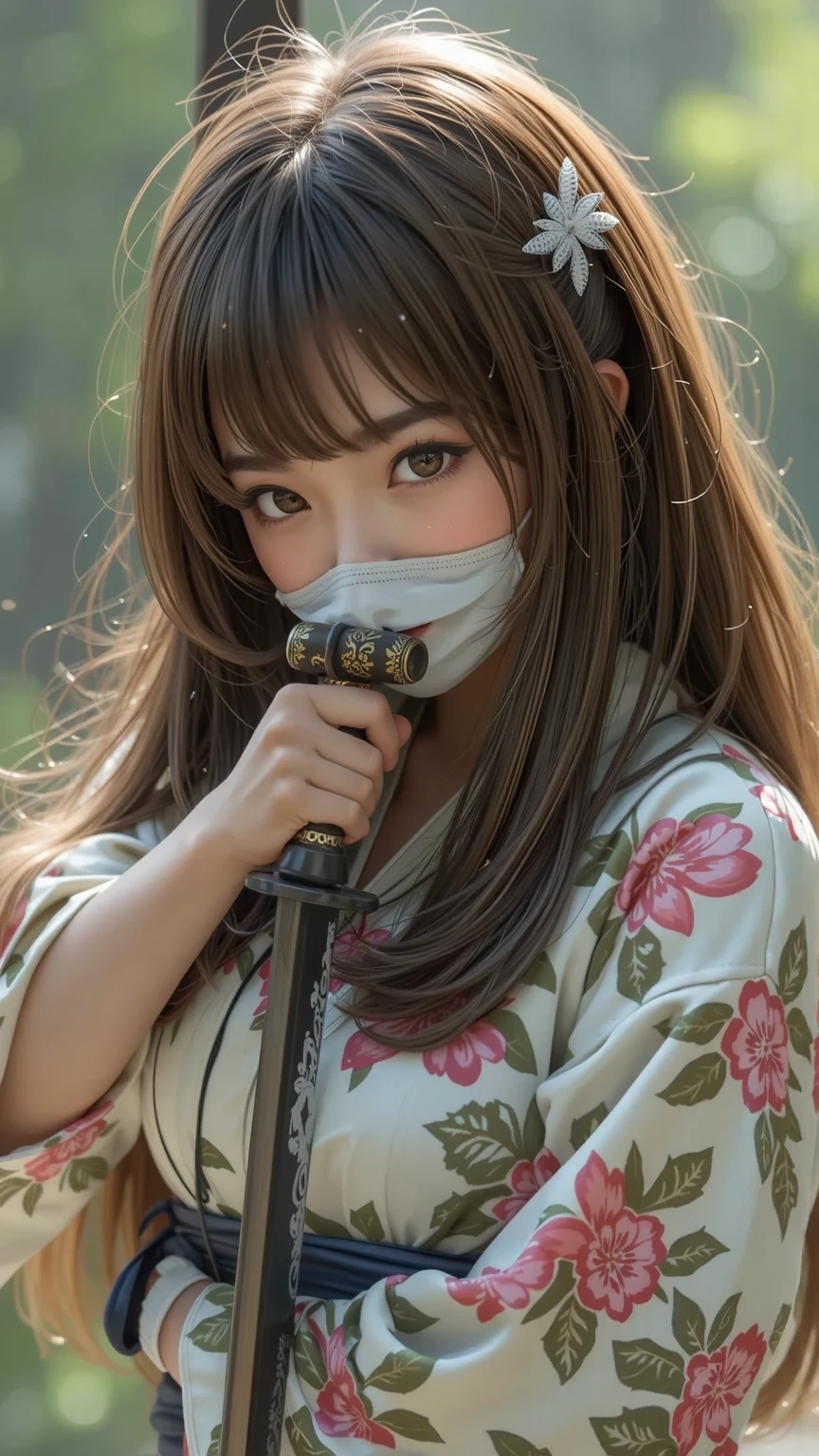 (masterpiece, best quality:1.4), (close up:1.2), (standing:1.5), 1girl, solo, (european youth:1), , kamado nezuko, 1girl, bamboo, (bit gag:1.5), brown hair, (checkered sash:1), (gag, gagged:1.2), gradient hair, hair ribbon, (pink haori), japanese clothes, (black kimono:1.2), long hair, looking at viewer, multicolored hair, orange hair, (pink eyes:1.4), pink kimono, pink ribbon, ribbon, solo, beautiful face, highly detailed face, highly detailed skin, highly detailed eyes, skin pores, subsurface scattering, realistic pupils, medium breast, full face blush, full lips, detailed background, depth of field, volumetric lighting, sharp focus, absurdres, realistic proportions, good anatomy, (realistic, hyperrealistic:1.4), 16k hdr,