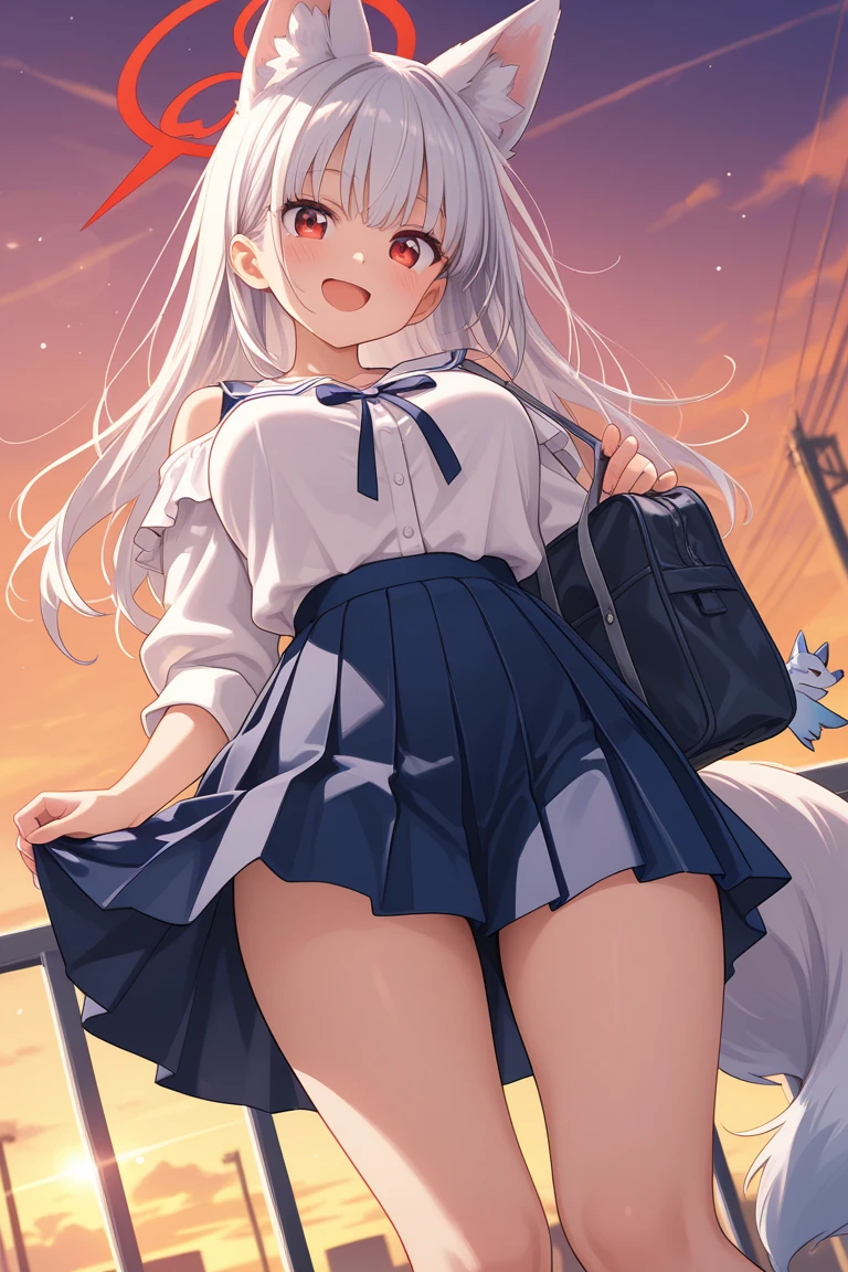 (master_piece, high_quality, beautiful, super delicate, absurdres:1.2), 1girl, mature, 16 years old, beautiful face, ahoge, hair fluttering in the wind, white hair, blue eye, (long sailor suit, long skirt, The wind is blowing, Skirt flipped up, I can see your underwear, skirt that flipped in the wind, skirt billowing, I can see your underwear, wind lift:1.2), port, (clear water, gemstone sea:1.2), Ship in the distance, The trails that planes make, blue sky, Sunshine, street in the distance,