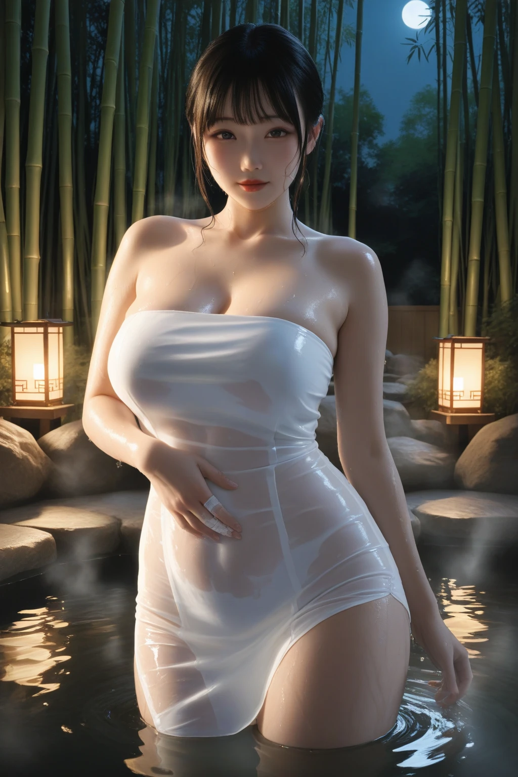 Korean sexy beauty，Huge breasts:1.9，Cleavage can be seen，White hair，Medium long hair，8k，No underwear，Red sexy see-through bikini，Red Thin Strap See-Through Thong，Casual sexy poses，Breasts showing through underwear，Nipples can be seen，Extremely detailed chest，Full breast contour，Front lighting，Extremely detailed face，Pure skin，Exposing the lower breast:1.5，Standing by the sea，Real portrait，Purple Eyes，nude，nude双腿张开