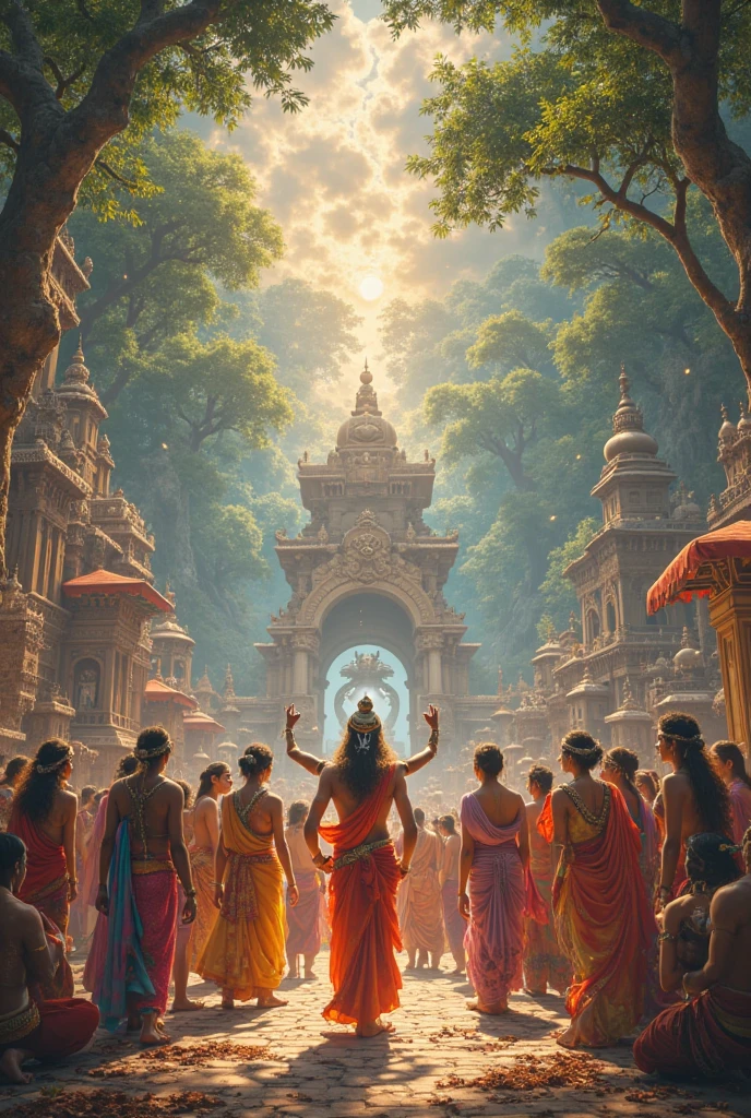 Create in the style of viral cartoon digital illustration in 4K quality, showing Govardhan Leela, Krishna taking refuge under Govardhan Mountain with the people of Gokul, gorgeous art style"