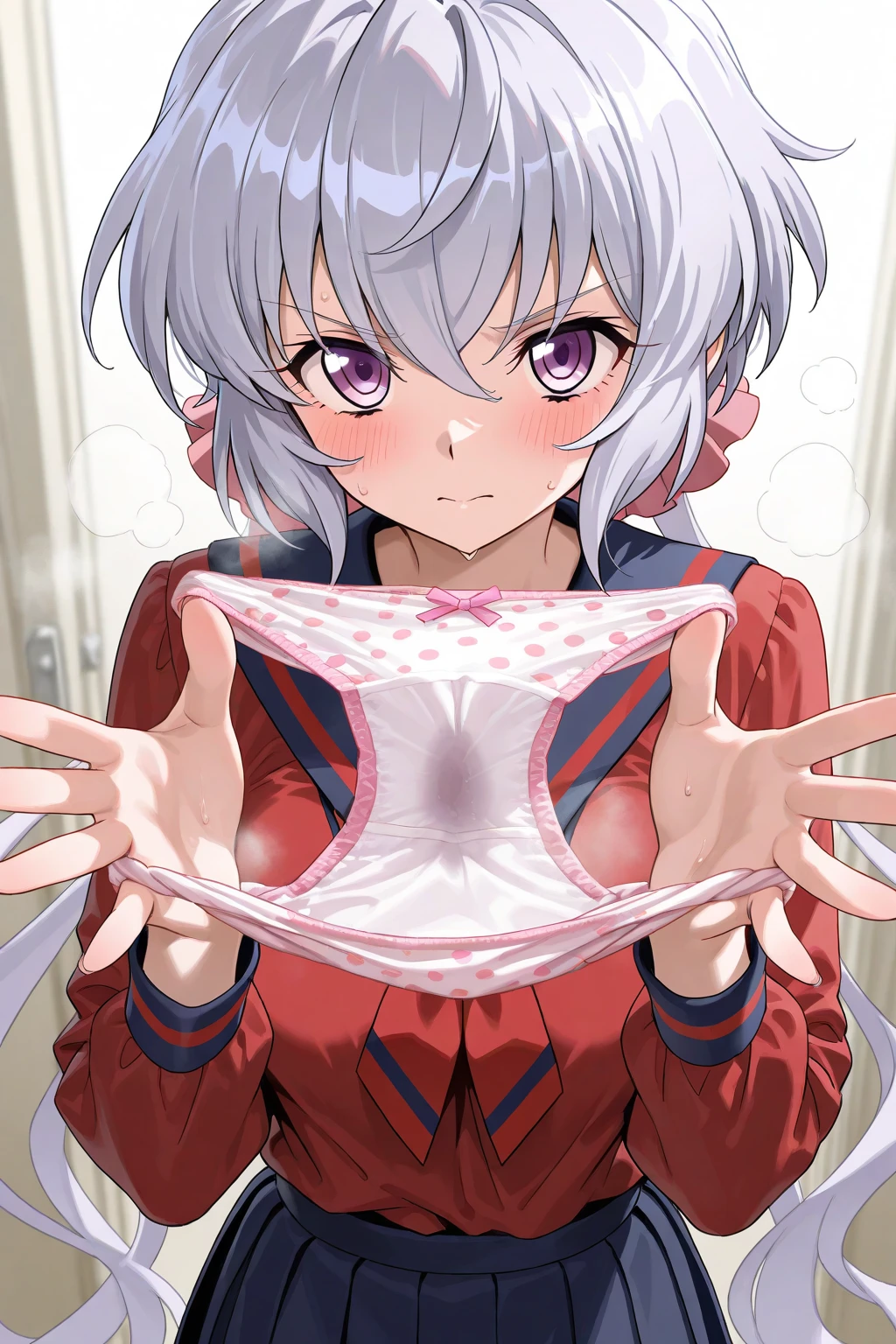 1girl in, masutepiece, Best Quality,Troubled face,Nikkeadomi,((nikkeadmi)),nsfw,((solo girl)),((Perfect body,))((Super beautiful,))((High quality,)), ((sweaty,wet all over,Steam,blush,Shiny,))love hotel room,cowboy shot,pov,Looking at Viewer,small breast,half open eyes,spread legs,squatting and straddling,(Show off your crotch by opening your crotch in a crouching posture,)(((Lift up the hem of her skirt to show off her crotch,Pleated skirts that are too short and expose underwear,))),spread pussy with her hand)),(from below,)((Focus butt)),(lovejuice dropping crotch,)turning around with my back turned,spread pussy,open mouth,tongue out,fucked silly, sexual ecstasy,orgasm,