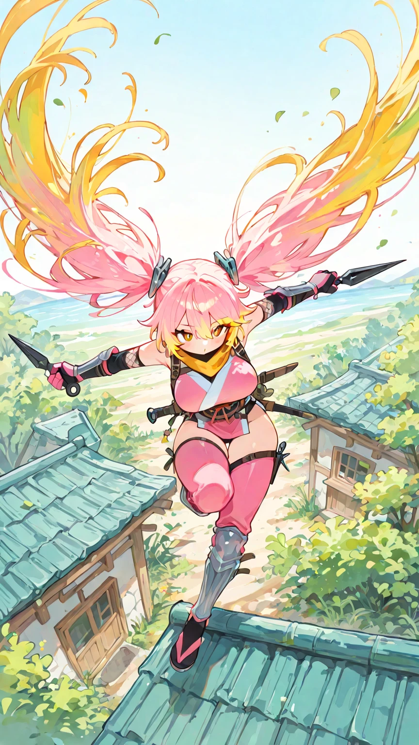 pixel art, full body, facing left (important), pink and white, holding a spear, magical girl, beret, long hair, loose, off-the-shoulder. Hair color: soft, pale pink hair. Eye color: green eyes. Outfit: white and pink based outfit. She wears a white short-sleeved off-the-shoulder top with a pink collar and buttons that reveal her collarbone, and a mini slit skirt shaped like a downward-pointing lotus petal. Accessories: She has a pink flower ornament in her right hair. Weapon in hand: a long spear with pink and white decorations.Young middle school student、Jump、Knee-length skirt
