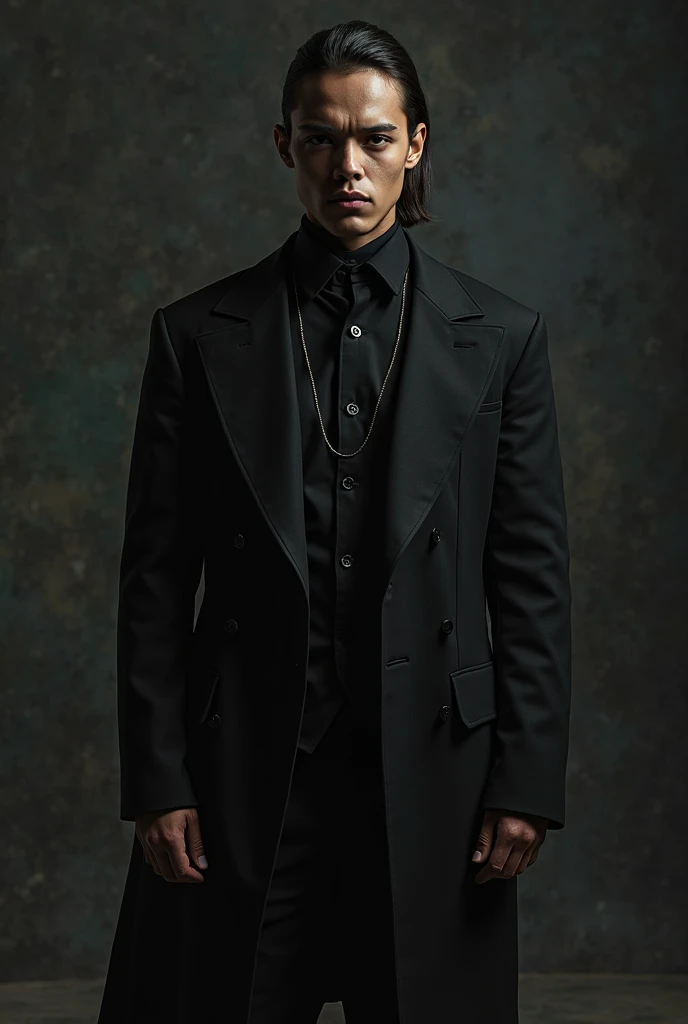 A man with black hair, wearing a black hat, wearing a tie, black shirt, black pants, wearing a katana