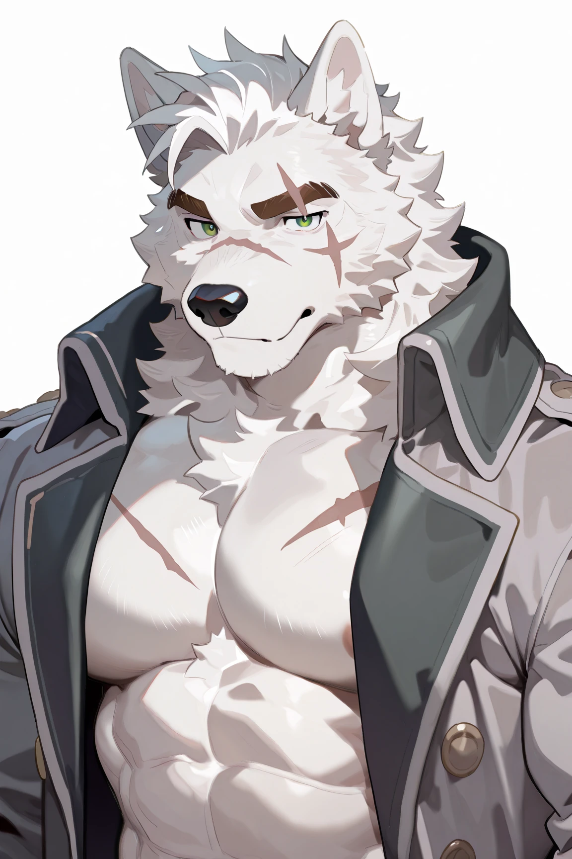 ((8k, 4k, Detailed, High quality, masterpiece, perfect anatomy, sfw)), furry, male, mature male, Von Lycaon, wolf, red eyes, eye patch, fluffy tail, tactical pants, baggy tantical pants, gear, harness, white hair, white fluffy hair, white spikey hair, shirtless, topless, visible abs, muscular, lean, visible biceps, by Buta99, by SpiritD, by Bebebebebe, plain white background, white background, solo, 1 male, white fur, white body,