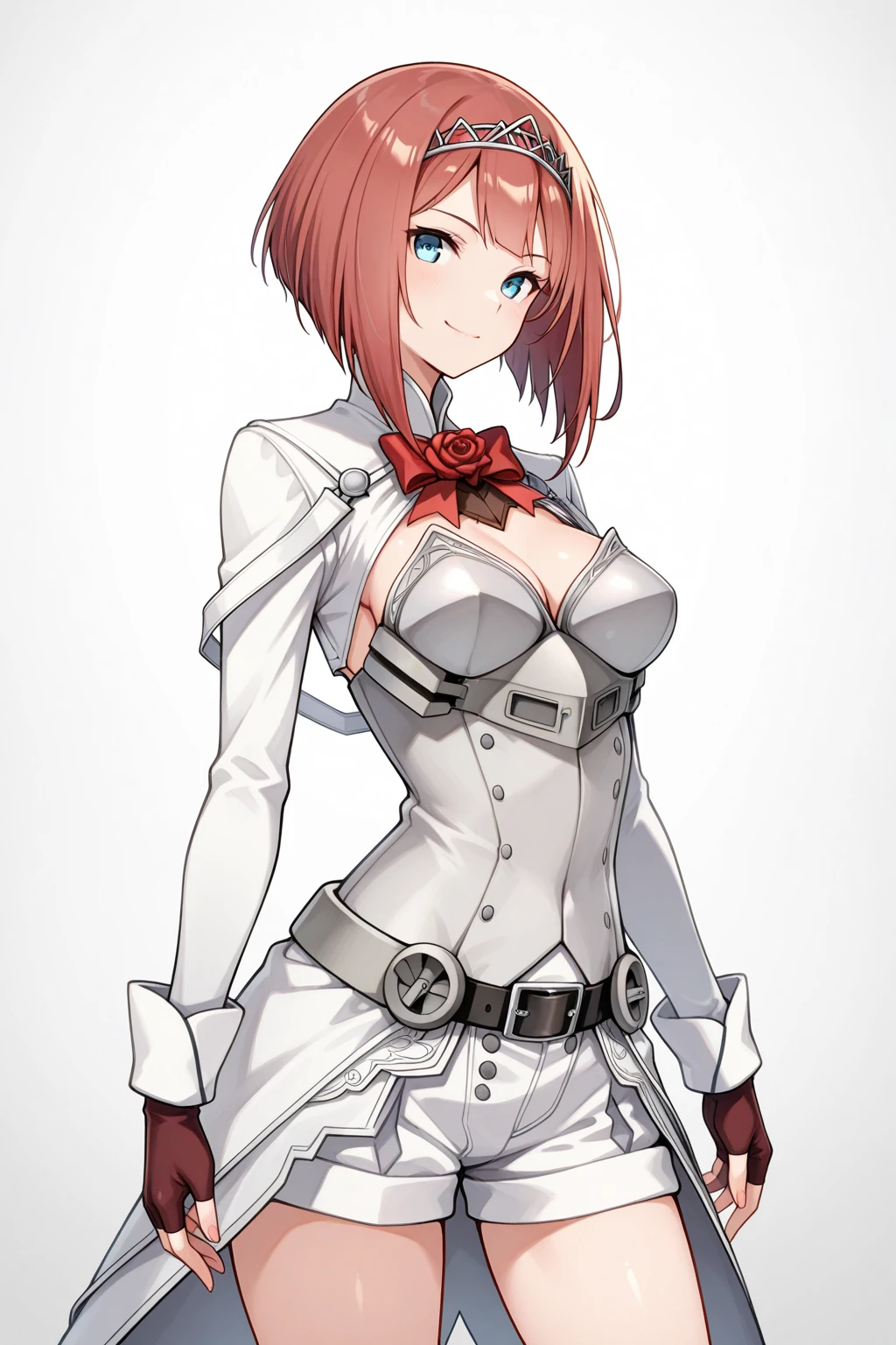 best quality, masterpiece, highres, solo, {ark_royal_kantaicollection:1.15}, red_hair, short_hair, bob_cut, bangs, blue_eyes, hairband, tiara, blunt_bangs, breasts, ribbon, flower, rose, red_flower, red_ribbon, 1girl, belt, cleavage_cutout, clothing_cutout, corset, gloves, long_sleeves, looking_at_viewer, pantyhose, shorts, small_breasts, white_pantyhose, white_shorts, cowboy_shot, fingerless_gloves, white_background, arrow_\(projectile\), brown_gloves, simple_background