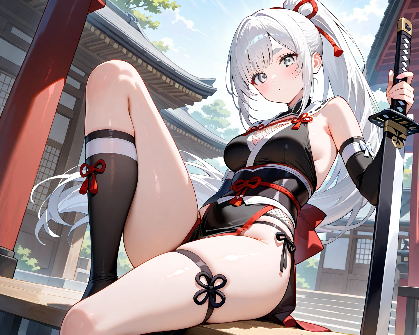 (best quality:1.2), 1girl, (masterpiece:1.2), raytracing, cute face, perfect face, ultra detailed,detailed face, 8k wallpaper, wide hips, DakiDM_NDV, 1girl, demon eyes, yellow eyes, white hair, japanese clothes, hair ornament, facial mark, thighhighs, makeup, side-tie panties, sideboob, sitting, armchair, indoor, japanese interior, big smile, spread legs
