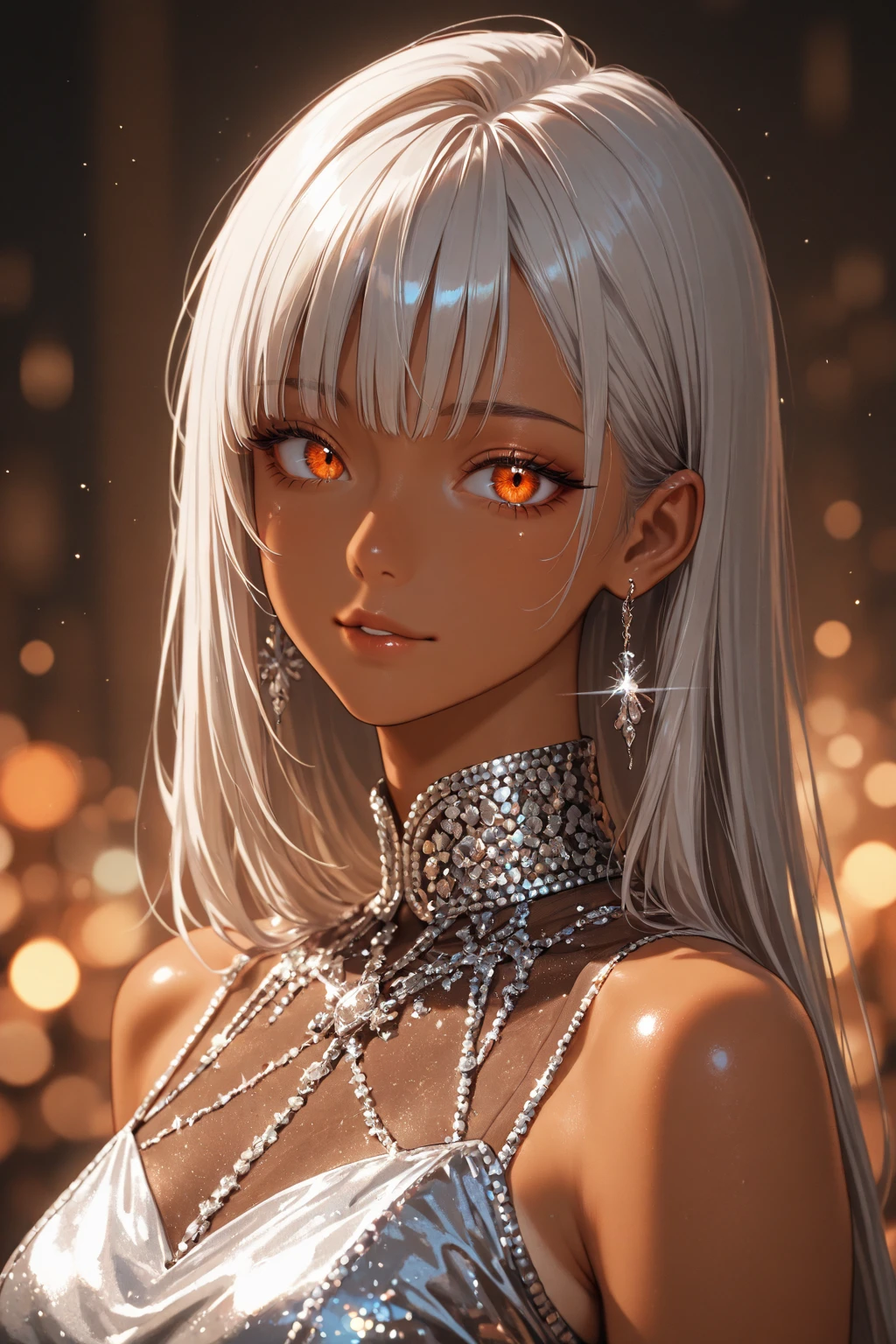 Best, Masterpiece, High Resolution, Best Quality, Ultra HD, Super Detail, Award-Awarded, 16k, (Upper Body), Anatomically Correct, Beautiful Maiden, Gray Hair, Hair Strands, ((Fire Opal-like Heterochromic Pupil)), Hanging Corners, Fair Skin, (Small), (Slim Body), ((Bodysuit)), Stud Earrings, (Neck Ring),