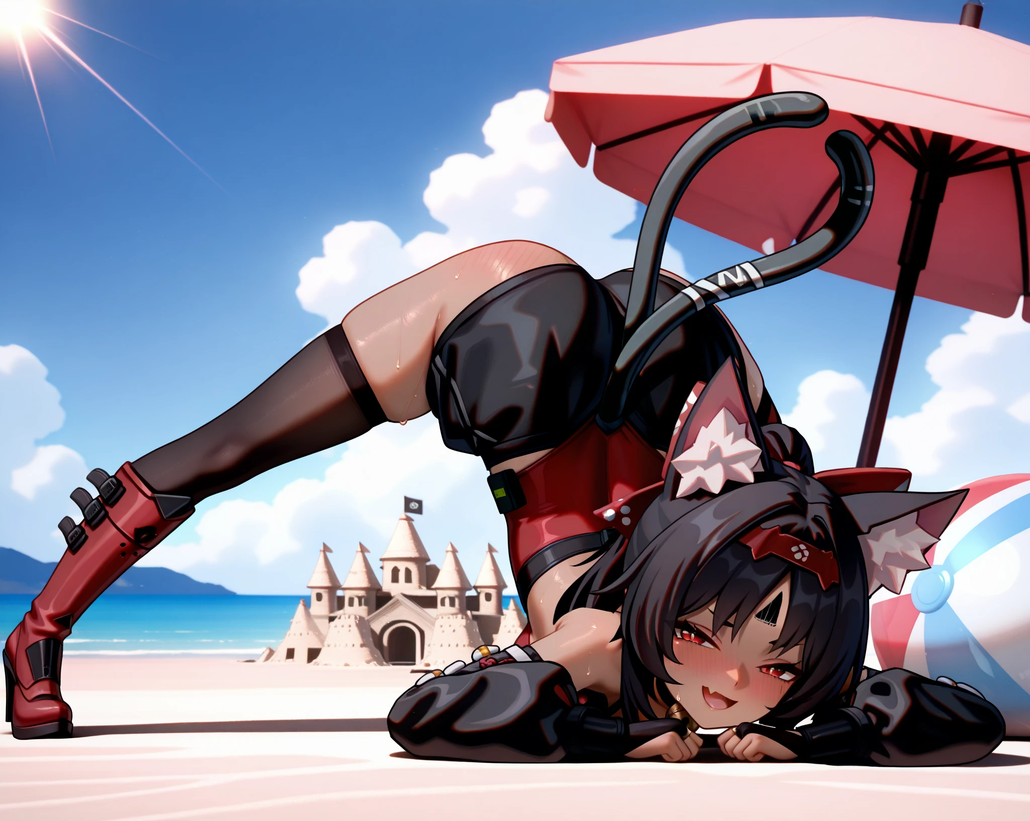 A girl lying on the surface of the water covered with a red ribbon