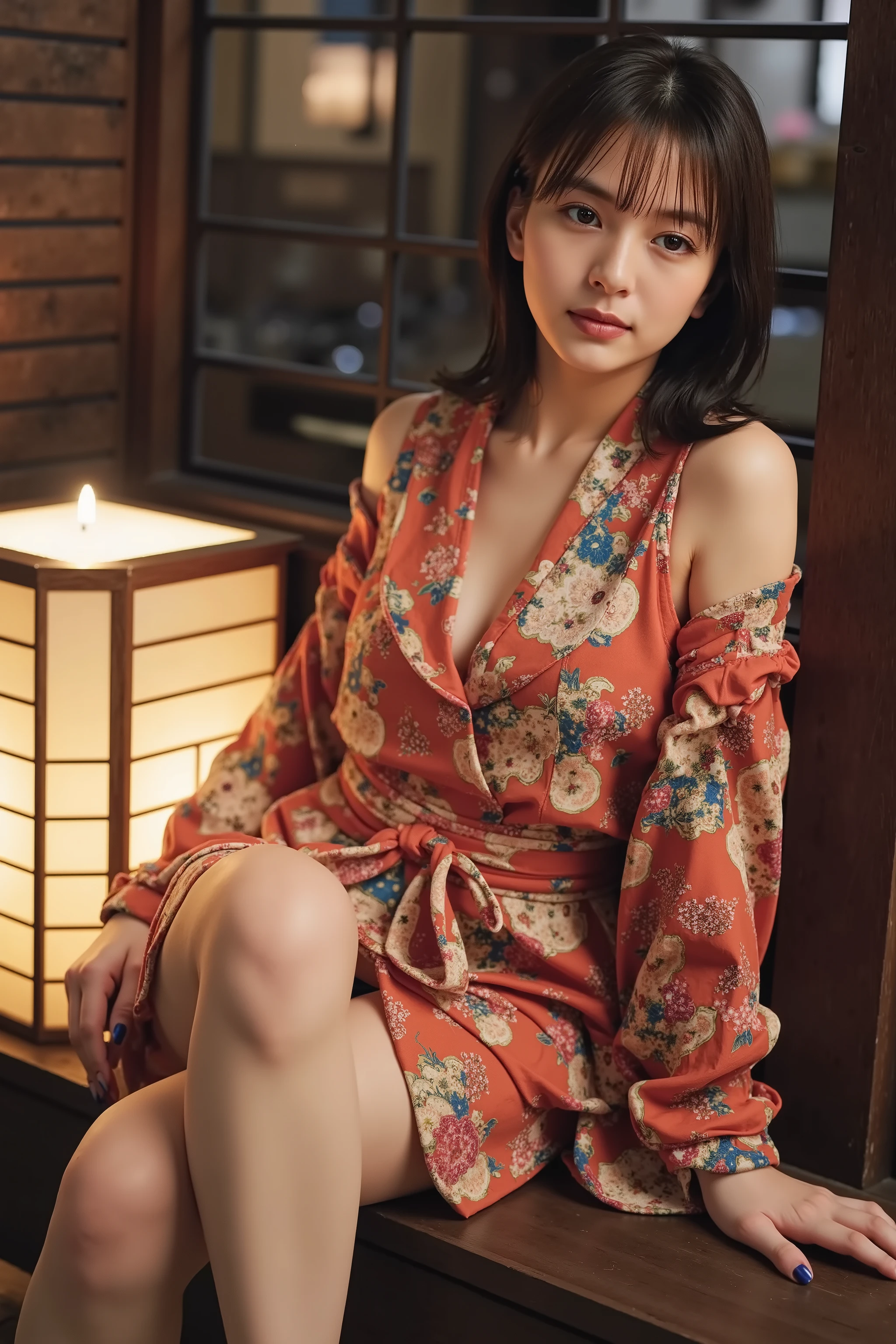 A、A young woman in a short yukata sits on the wooden floor、Illuminated by the soft light of lanterns。Her chest is revealed from a loose yukata。Japanese style architecture、Traditional Wooden Architecture、Shoji door、summer night、steam can get in、Moist Atmosphere、photorealistic、soft lighting