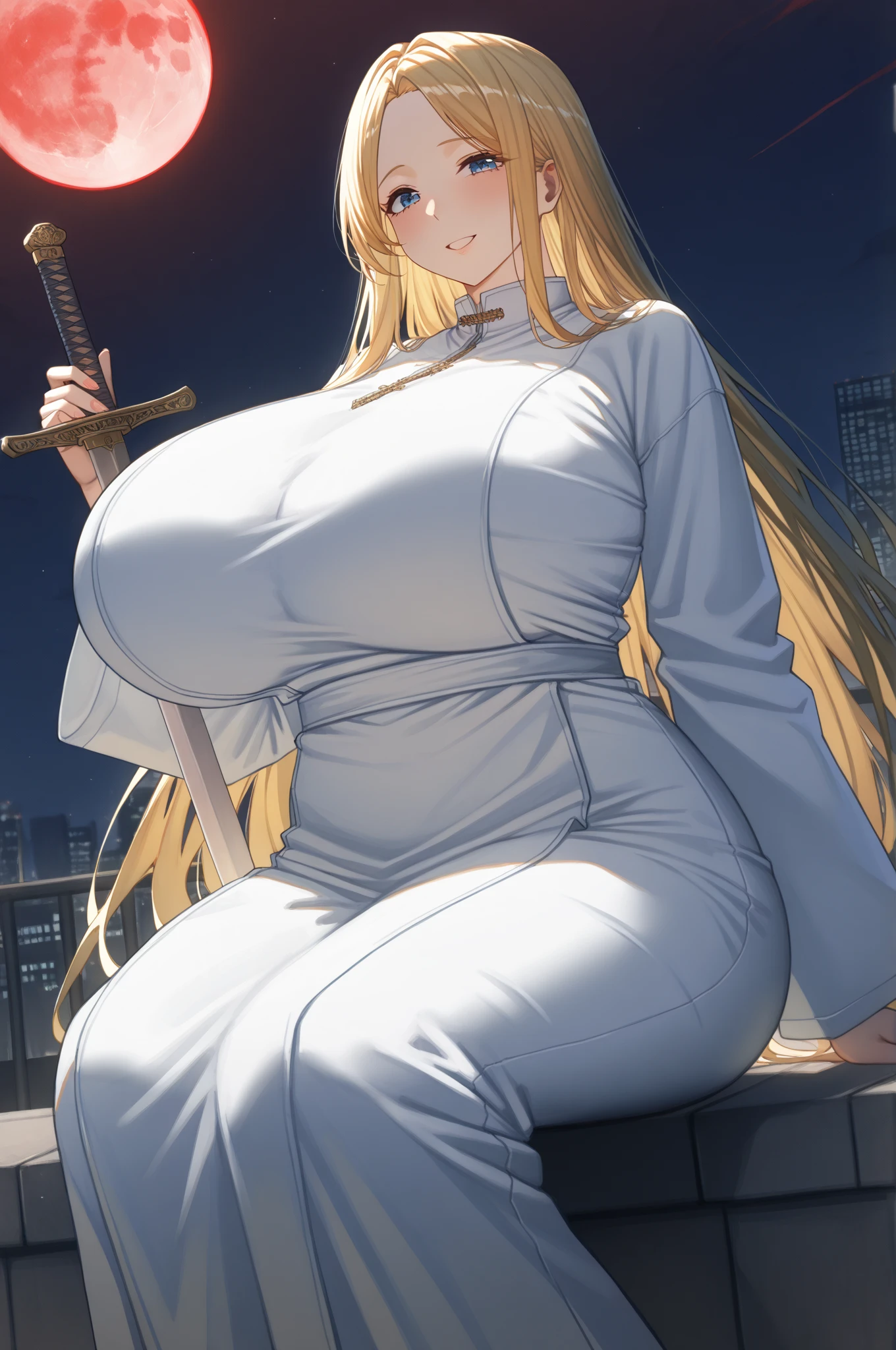 High Contrast, (8k UHD:1.2), (Realistic:1.2),(masterpiece:1.4), (highest quality:1.4),Highly detailed wallpaper, Highly detailed illustration, (1 female), (Best lighting) , (Very intricate details) , 4K Integration, (Super fine CG: 1.2) , (8k: 1.2),(original), (masterpiece) , (highest quality),(masterpiece:1.4),Anime-ish high quality,((Standing in front of a castle window at night)), Beautiful light hues,(masterpiece, のficial art),Unohana Yachiru (Bleach),Noble Elf Woman,Adult female,Queen, Queen, elegant,elegant,(eyelashes), Curvaceous, (Mature Woman),alone,elegant face,blonde, Green Eyes,Long Hair,( Mature Woman, Sensual),超Perfect bodyカーブ,(Large Breasts:1.5),(((((Huge breasts))))), Saggy breasts, Plump, (((Wide Hips, Thick thighs))),Perfect body,Watching the audience,Looking Down,(whole body),Fascinating, Attractive clothing,Huge, shining halo, saint, Wearing clerical robes and stockings, Nun costume, tall,Simple red background,Dressed up,Huge ,Huge Ass,(Shiny), whole bodyに光沢,Seductive pose,High resolution, Highly detailed 8K,highest quality,cg,information,