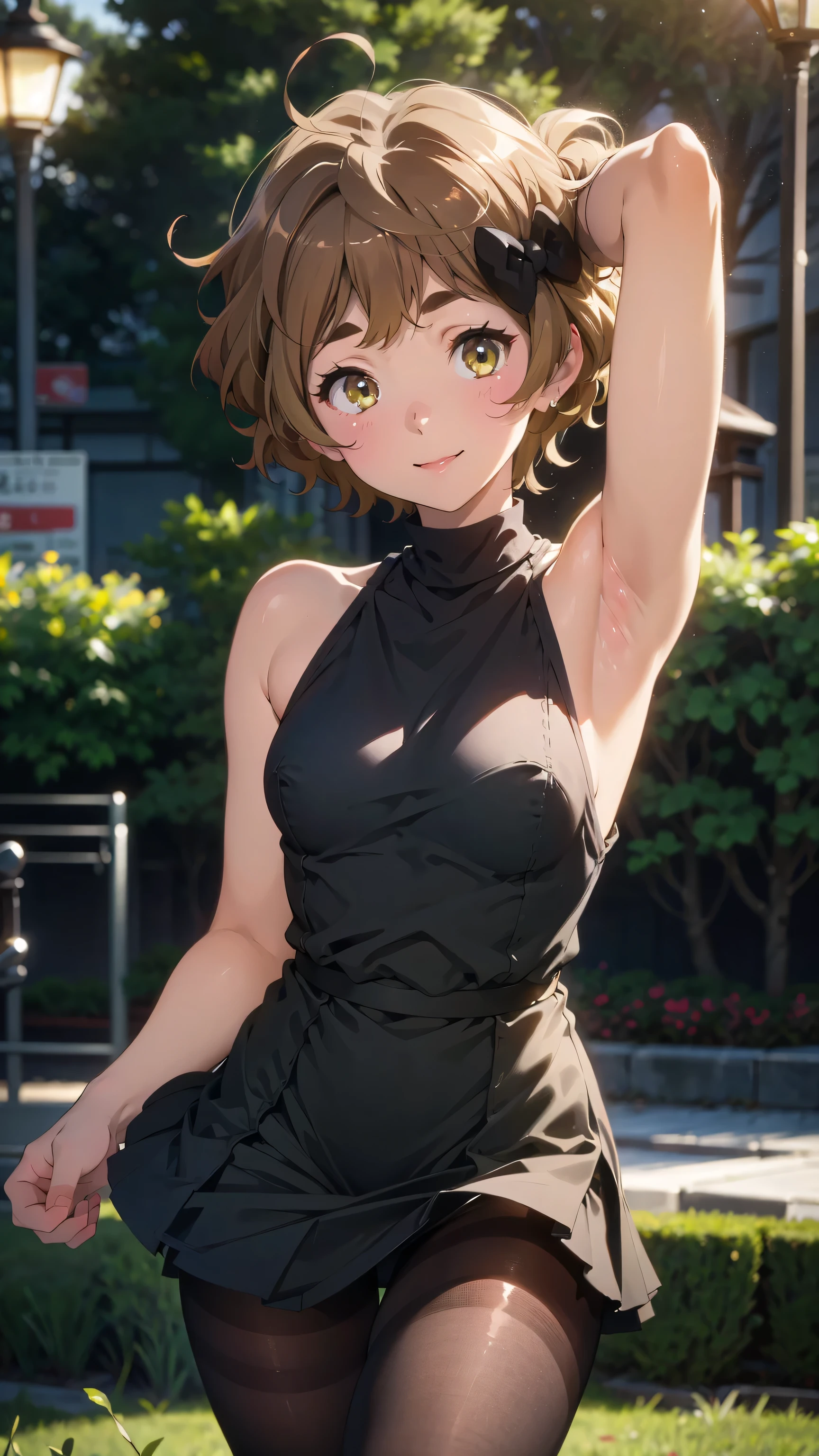 (nsfw), best picture quality, 8K, high quality, masterpiece:1.2), ((masterpiece)), (high detail, high quality, best picture quality), bokeh, DOF, cute round face, Portrait, (cute illustration:1.2), (perfectly balanced anatomy), (18years old) , (Young face:1.3), Sleeveless shirt、showing armpits, Black Pantyhose、(widely spread legs:1.5), extremely cute, sapphire kawashima embarrassed, arms behind head, armpits, A big smile, smiling, (Slender body:1.2)