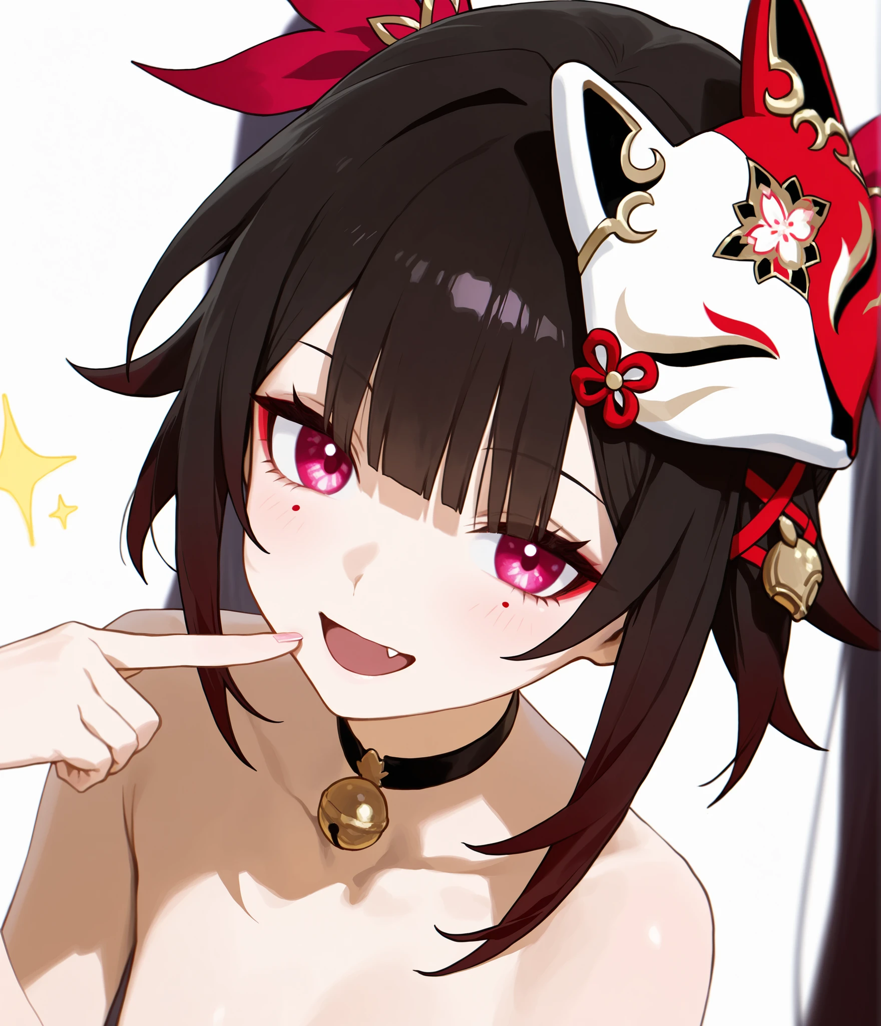 ((masterpiece, best quality)),high resolution,ultra detailed,8k,16k,detailed background, perfect lighting,1girl,nsfw,solo,embarrassed,blush,half-closed eyes,steam,sweat,face focus,chin up,stick tongue out,(from front,from above,screaming,oral,show mouth:1.4),kneeling,sparkle \(honkai: star rail\),twintails, hair ornament,mask on head, detached sleeves, choker, obi, singlshort stature,little_girl,small breast,black hair,twintail,red eye,(anime style:1.2),hotel room,night