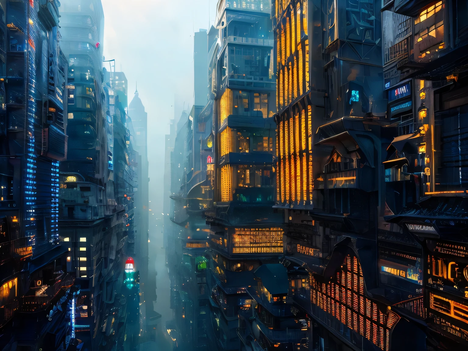 This image depicts a vast, futuristic city built like a gigantic computer motherboard, dominated by a colossal, gleaming processor at its heart. The buildings and streets are meticulously crafted from printed circuit board components, with gleaming copper pathways winding between towering structures that imitate capacitors and resistors. Warm, atmospheric lighting in shades of navy blue and gold illuminates the scene, casting long shadows and highlighting the intricate details of this technological metropolis. Wisps of digital fog float between the buildings, creating an ethereal and otherworldly atmosphere.