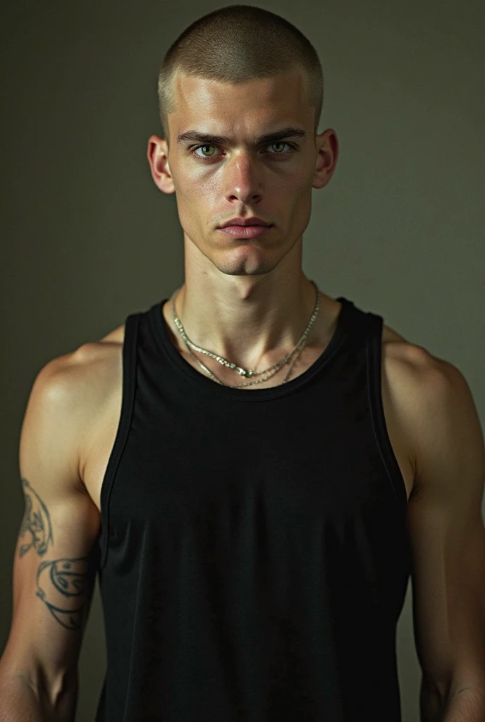Light-skinned man with green eyes, short black hair and a tattoo on his abdomen (in triangular shape) with scars on the face