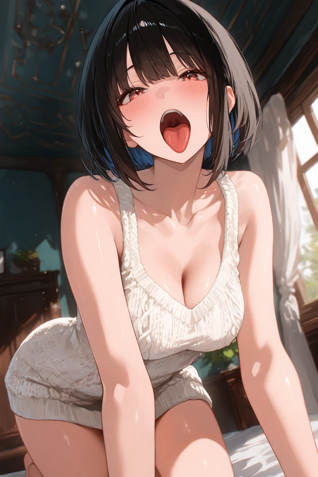 looking ahead,from above,Stanging,Hands Down,hold a white dildo,side view,face focus,open mouth,tongue out,lick,(1girl,Beautiful 14 year old girl),((Slender,Small breasts,Baby Face,Small face,)),looking at viewer,Black Hair,bangs,two side up,Gray Eyes,Drooping eyes,slit pupils,narrow eyes,ollarbone,white t-shirt,off-shoulder look,Denim mini skirt,Beautiful and detailed anime art,Mischievous smile,Dimly lit room,Simple Background,Gray background,Low lighting
