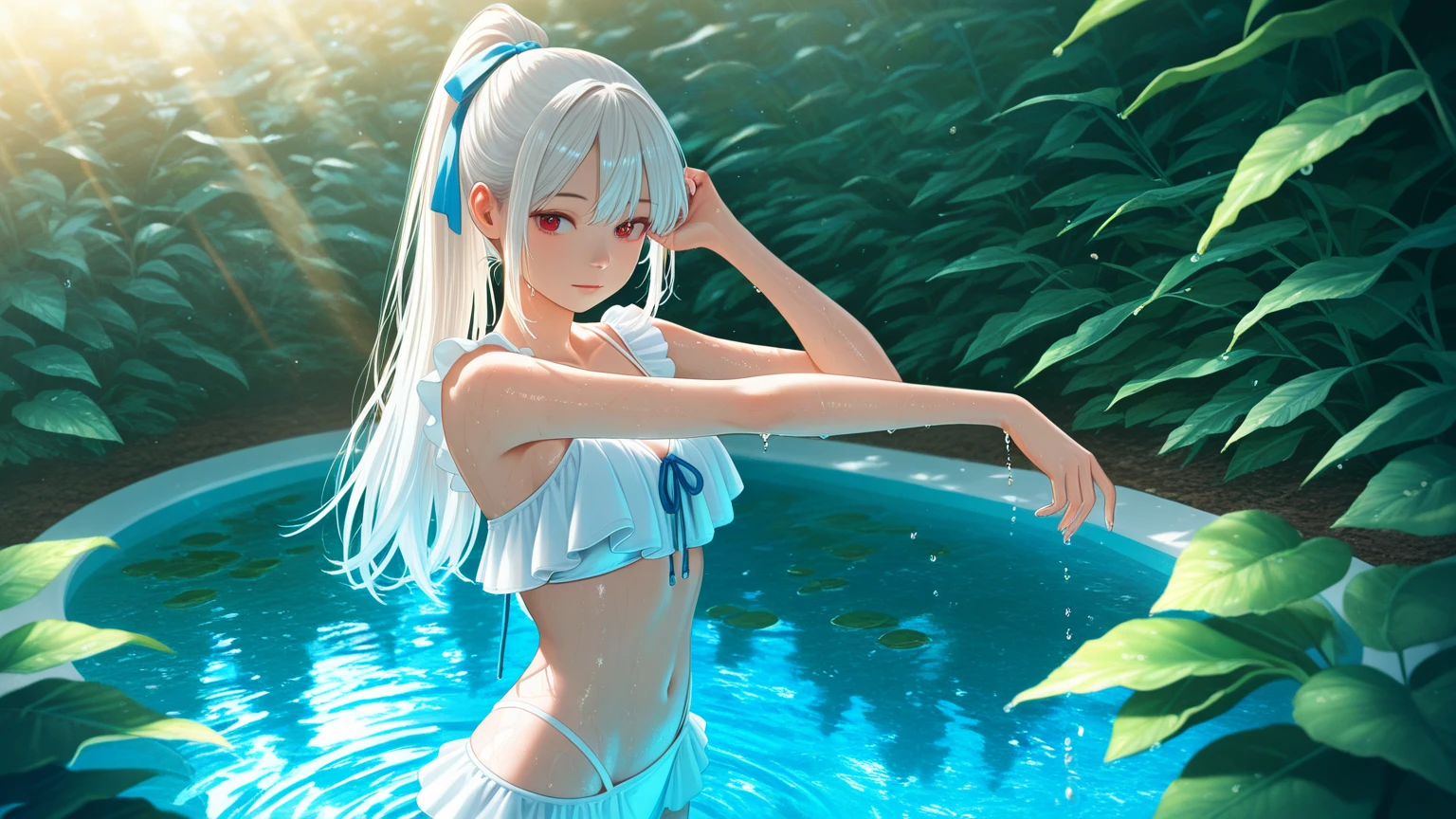 Beautiful girl drawn with high precision, wallpaper, summer pond, pond, boat, afternoon sun, pond background, depth of field, hot weather, high resolution details, wet watermark, super detail, film, surrealism, soft light, deep field focus bokeh, ray tracing, diffuse (ultra-fine glass reflection), surrealism. , night, moonlight --v6