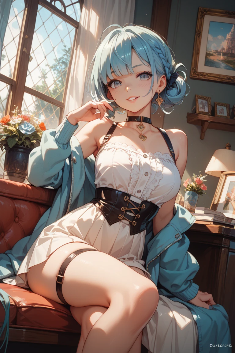 1girl,a beautiful fashion model ,(masterpiece, detailed background, best quality),short and shiny hair, blue green hair, hair with highlights, bangs, smirk,juicy lips,red lips, calmart, lingerie, stripping, elegant makeup, blue eyes, full body shot, (shiny skin), cyberpunk, sci fi, boa, extravagant jewelry, cocky expression, covered in jewelry, fancy, white dress, (laughing, hand covering mouth, smug, discrete laughter)