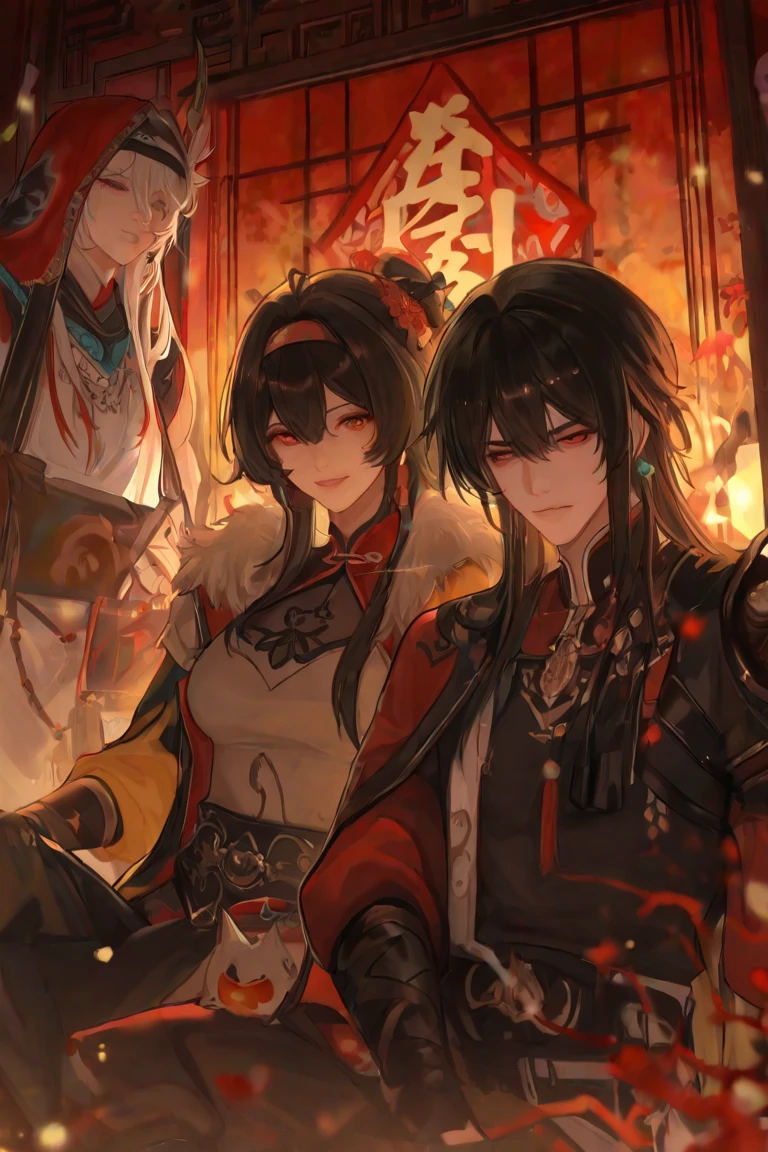Depict a luxurious banquet scene with Oda Nobunaga and his retainers all dressed in elaborate costumes. Illustrate the festive and extravagant atmosphere of the party, with Nobunaga and his attendants in fun and creative costumes, capturing the liveliness and grandeur of the event.Oda Nobunaga is a man.