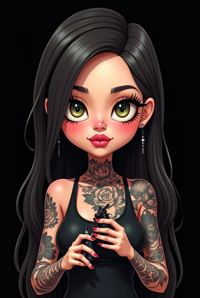In the foreground a beautiful Bratz style girl wearing a purple top, long straight black hair, brown eyes with small earrings and eyelashes and a nose piercing, white skin, a tattoo on her neck and a tattoo on her shoulder and casino chips in her hands. 