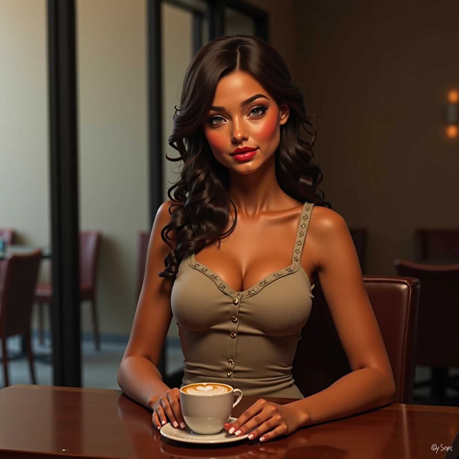 [Rachel Zegler] Generate full-body photography of Autumn Ingrid, the stunning brunette influencer, in her mid-20s, approximately 5'4" tall, with long, wavy chestnut hair that gracefully falls on her shoulders. She has an athletic hourglass figure accentuated by her full bust. Her complexion is flawless, with a warm, sun-kissed tan. Autumn's expressive brown eyes radiate charisma, and she has a relaxed and confident demeanor.Autumn is dressed in a chic and fashionable ensemble that embodies the cozy yet stylish atmosphere of the cafe. Her attire combines comfort with sophistication, reflecting her impeccable taste.The photoshoot takes place in a charming and inviting cafe, adorned with warm lighting, rustic decor, and aromatic coffee. The ambiance is relaxed and inviting, creating a delightful backdrop for the shoot.Autumn's poses convey her enjoyment of a cup of coffee and the cafe's ambiance. She interacts with the environment, capturing the essence of a serene coffee moment with an alluring twist.Intense look and makeup, smiling, symmetrical eyes, symmetrical face, photorealistic, photography, path tracing, specular lighting, volumetric face light, path-traced hair, visible shadows, intricate, elaborate, hyper-realistic.