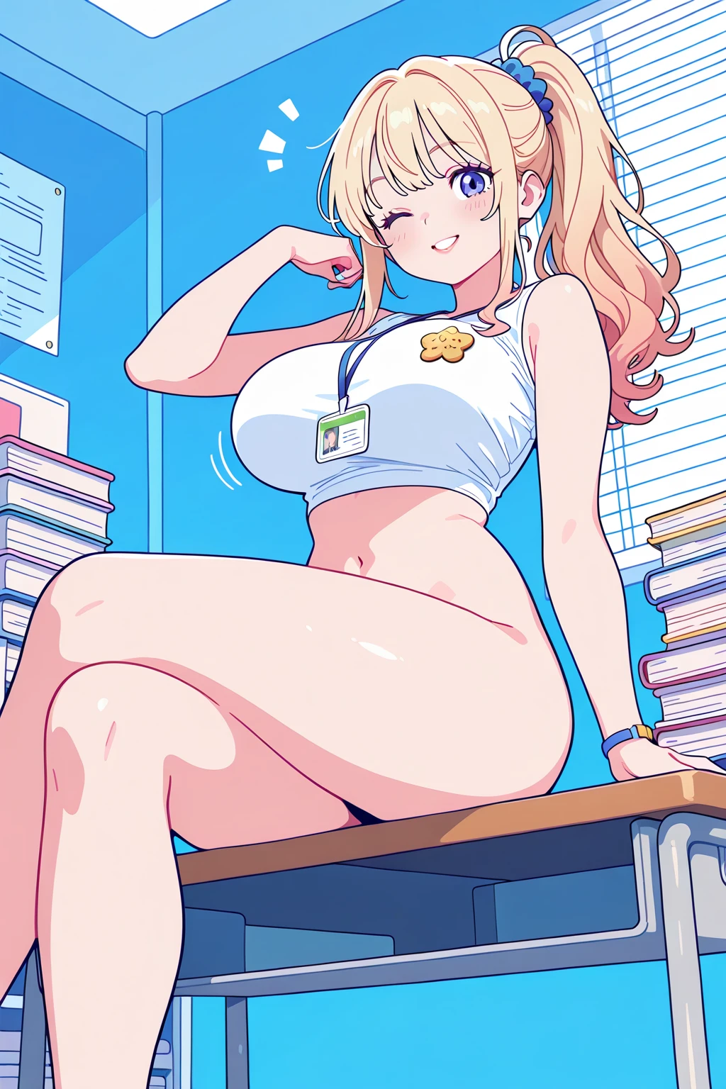 1 girl, yellow hair, long hair, big lips, yellow eyes, huge breasts, blush, blush on nose, open abdomen, focused portrait, horrible thighs, high thighs, wide hips, narrow waist , hourglass figure, silly, full body, sexy pose, dynamic pose, midriff, confidence, superiority, bratty, thick thighs, defined stomach, window, modern decor, smile, standing, locker room, head tilt, intimacy, midshot, thigh highs, from below, hair clip, from below, smile, heart print top, tie top, cardigan, 