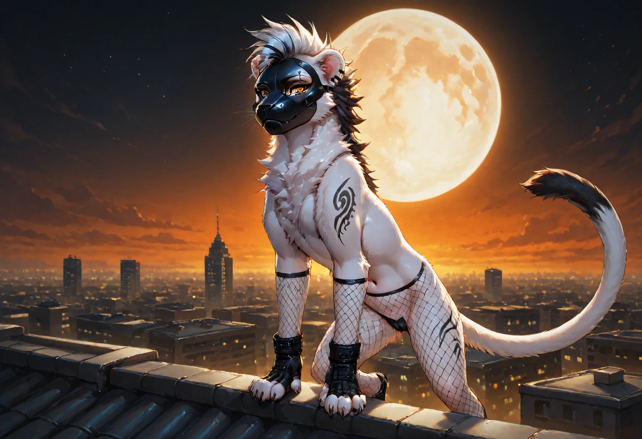 zaffa, solo , ((feral)), Zaffa , lioness, Orange gradient eyes, black and white hair , white fur , fluffy fur , detailed fur , black tattoo , eyebrow piercing , ear clip , slim body, fishnets, mask, black and white hair, navel, gloves, looking at viewer, fingerless gloves, covered pussy, Standing on a rooftop of a city building late at night, under a red full moon,