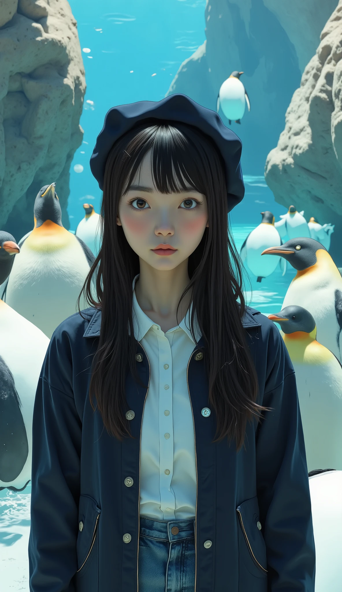 super realistic 、 photorealistic 、Woman visiting an aquarium , clean white skin 、My hair、 beret、Long Hair with Volume 、 wearing a white shirt inside a dark blue jacket 、 beautiful woman、 front shot、 upper body、Penguins line up like bowling pins in a large tank、