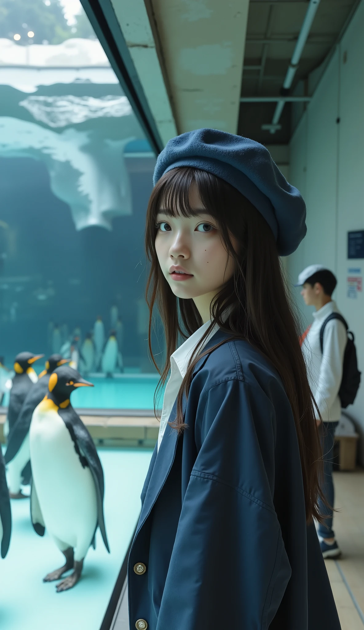 super realistic 、 photorealistic 、Woman visiting an aquarium , clean white skin 、My hair、 beret、Long Hair with Volume 、 wearing a white shirt inside a dark blue jacket 、 beautiful woman、 front shot、 upper body、Penguins line up like bowling pins in a large tank、