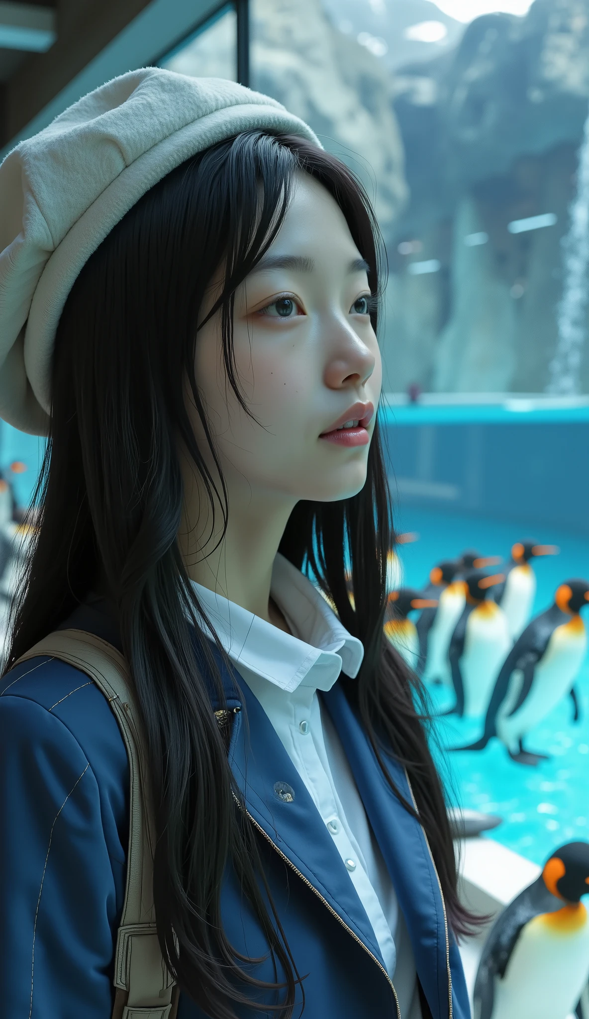 super realistic 、 photorealistic 、Woman visiting an aquarium , clean white skin 、My hair、 beret、Long Hair with Volume 、 wearing a white shirt inside a dark blue jacket 、 beautiful woman、 front shot、 upper body、Penguins line up like bowling pins in a large tank、