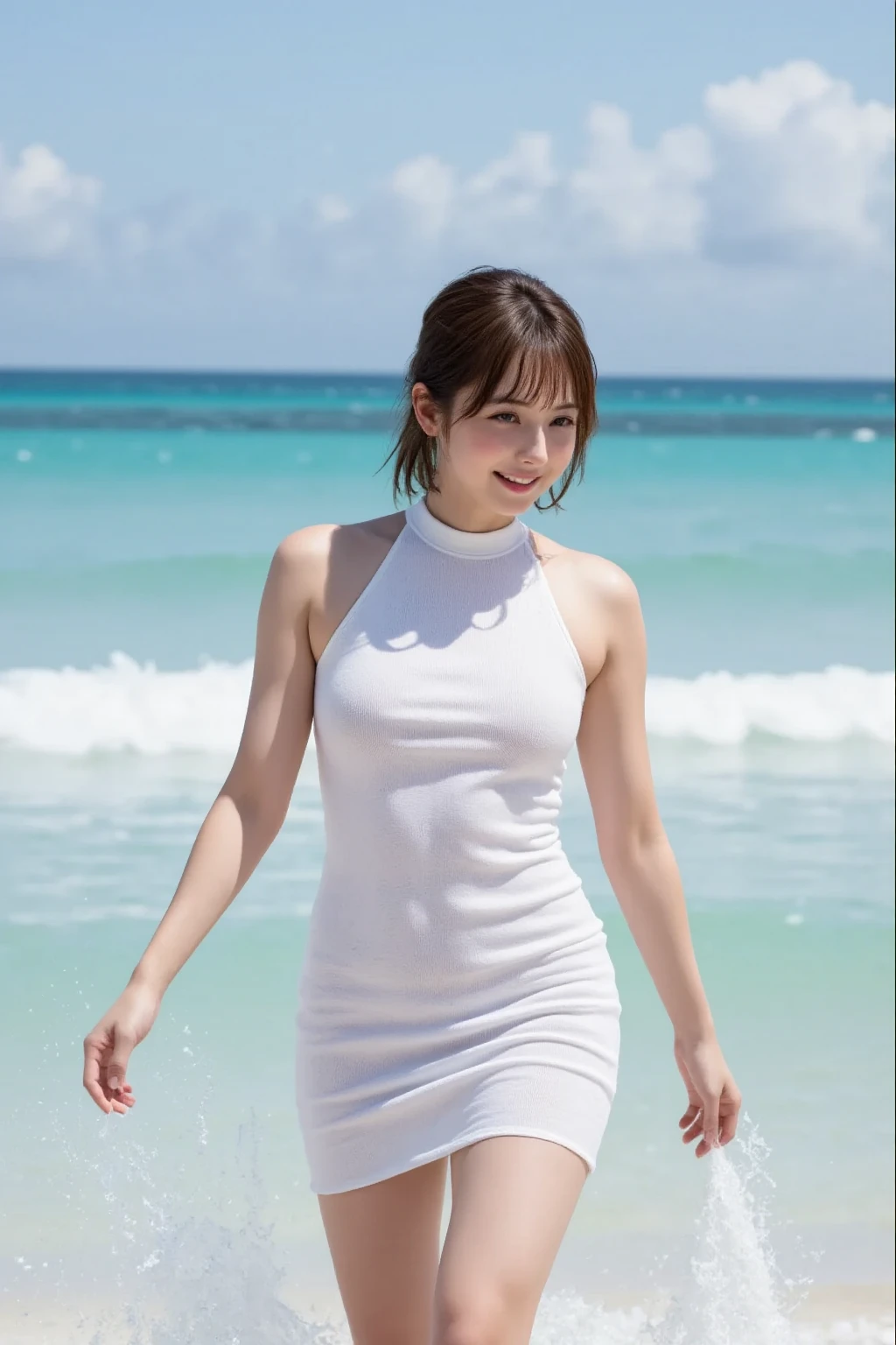 Highest quality、High resolution、masterpiece、Photorealistic、Film Grain、Perfect Anatomy、One Girl、14 years old、pretty girl、White Summer Dress、Slim body、Skinny girl、Small breasts、Brown bob hair、Short bangs、Shy:0.1、Blurred Background、blue sea、White sand beach、Blue sky、White cloud、Cumulonimbus、Resort Facilities、Cottage on the sea