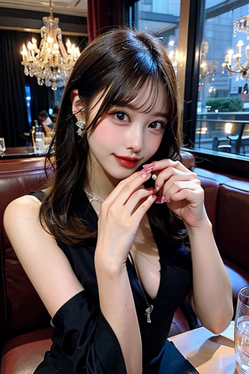 NSFW,(Heisei Fashion)、ponytail、(Big Tits、busty breasts 1.8、valley)、Beauty、double eyelids、Tear bags、Big, round eyes、Long eyelashes)、highest quality、karaoke、neon atmosphere