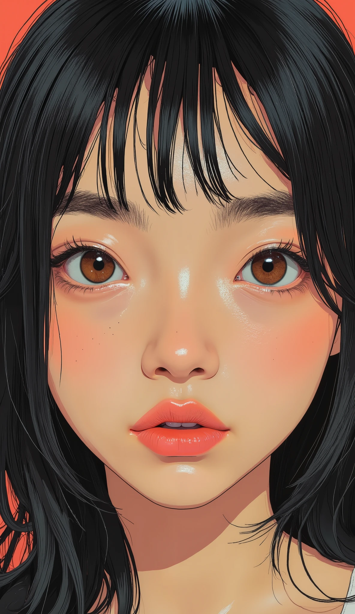 a close up of a woman with a 赤い唇tick and black hair, detailed face with 薄いピンクの唇, China doll face, Jinnah Chan, faint 薄いピンクの唇,ick on face, Sharp beautiful face, THICK RED LIPS , beautiful lips,Thick lower lip、 Super beautiful face, Luscious Red Lips, BIG RED LIPS , sexy red lips , perfect face up