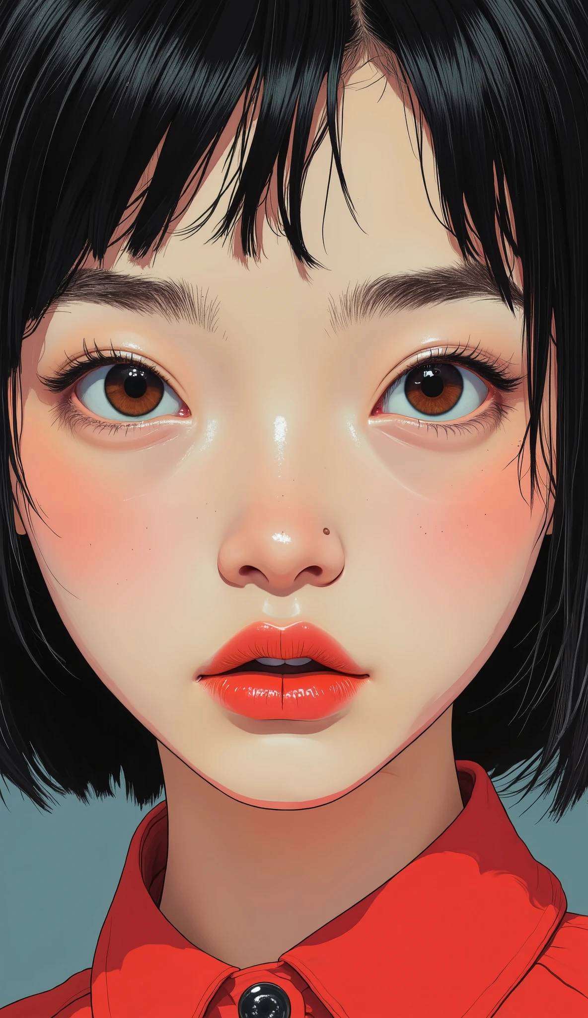 a close up of a woman with a 赤い唇tick and black hair, detailed face with 薄いピンクの唇, China doll face, Jinnah Chan, faint 薄いピンクの唇,ick on face, Sharp beautiful face, THICK RED LIPS , beautiful lips,Thick lower lip、 Super beautiful face, Luscious Red Lips, BIG RED LIPS , sexy red lips , perfect face up