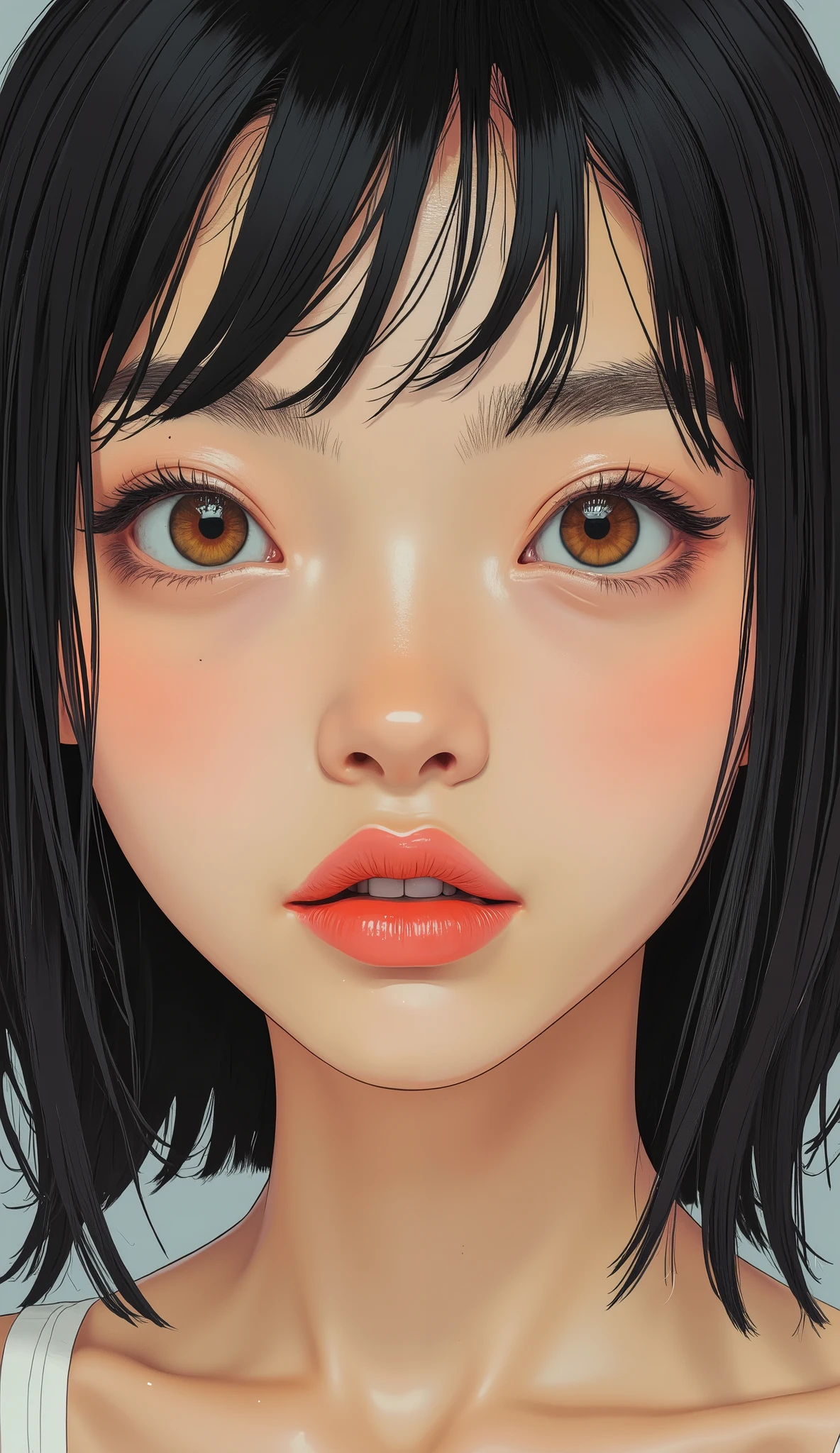 a close up of a woman with a 赤い唇tick and black hair, detailed face with 薄いピンクの唇, China doll face, Jinnah Chan, faint 薄いピンクの唇,ick on face, Sharp beautiful face, THICK RED LIPS , beautiful lips,Thick lower lip、 Super beautiful face, Luscious Red Lips, BIG RED LIPS , sexy red lips , perfect face up