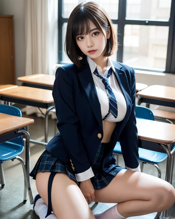 8K RAW photo, high resolution, 21 year old cool Korean, big round breasts, school uniform, tie, tie ribbon, blazer, skirt, beautiful eyes in detail, long eyelashes, beautiful double eyelids, eye shadow, slit eyes, sanpaku eyes, dark eye makeup, evil smile, beautiful thin legs, short hair gathered at the back, earrings, school classroom