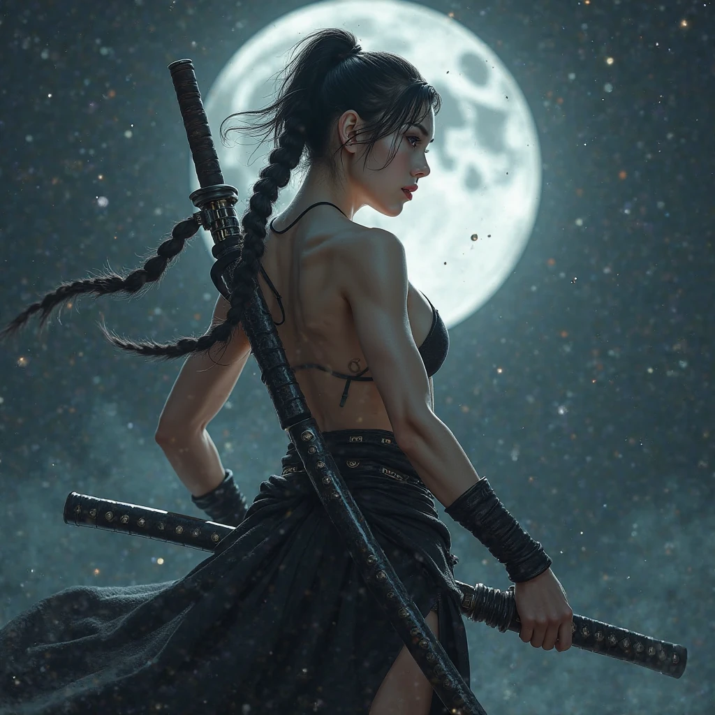 beautiful japanese woman with big breasts in a revealing short ninja costume, night, big moon, moonlight, strong wind, raindrops, nunchaku in hands, preparing to strike, fighting pose, confident look