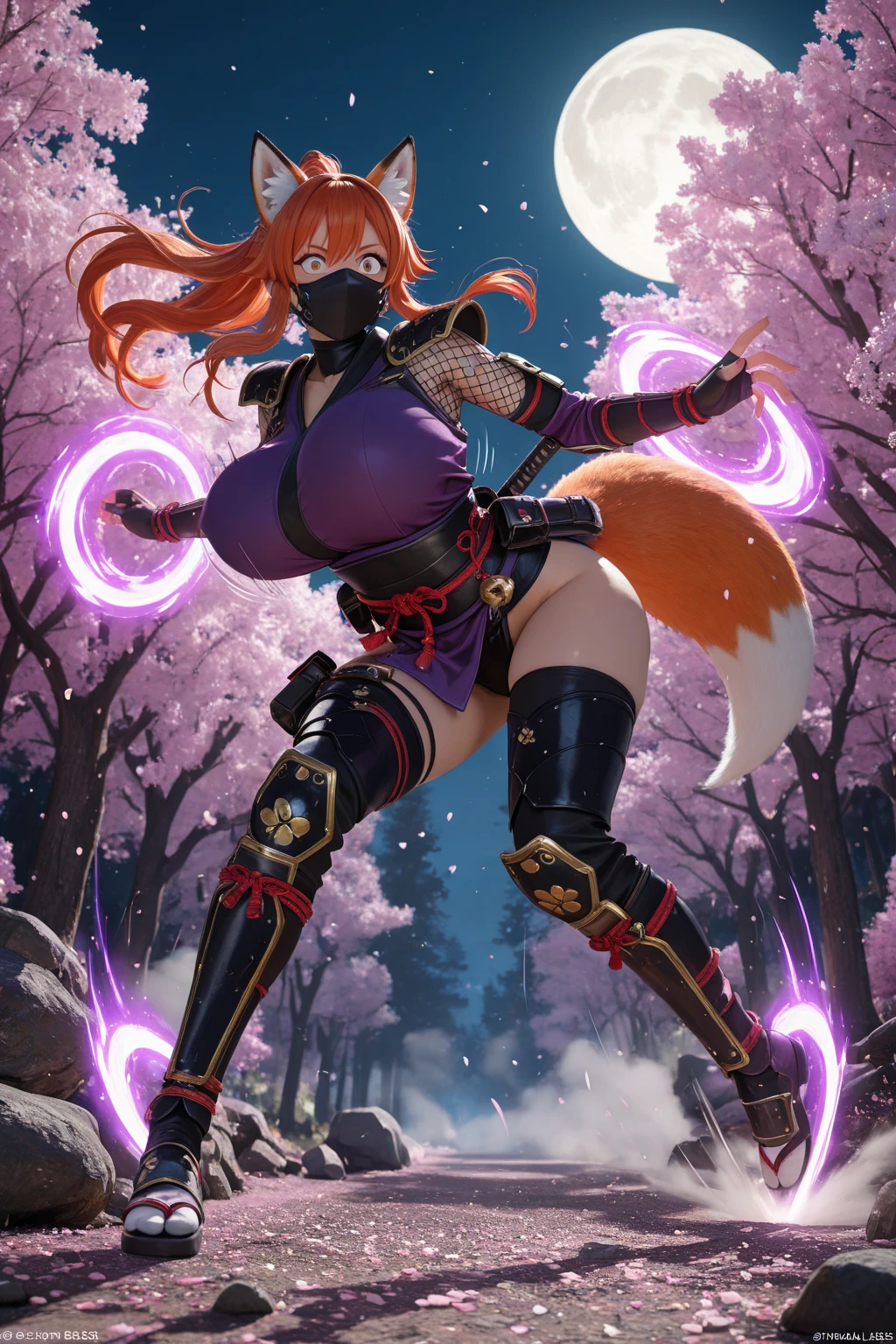 Ahri da league of legends,(best qualityer,4K,8k,high resolution, work of art:1.2)(weather: moonlight), Japanese female, spirit forest pond background, red and white long sleeve korean kimono dress, cleavage, scepter, cute makeup, thigh high socks, high heels, belt, silver and orange hair, long curly hair, fox ears, multiple fox tails, ultra detailed, realistic, portrait, beautiful detailed purple eyes, freckles, beautiful detailed lips, extremely detailed eye and face, beautiful girl, long eyelashes, sexly, average, large breasts, beaming smile, sexy pose, stunning curves, bright coloured, dramatic lighting,