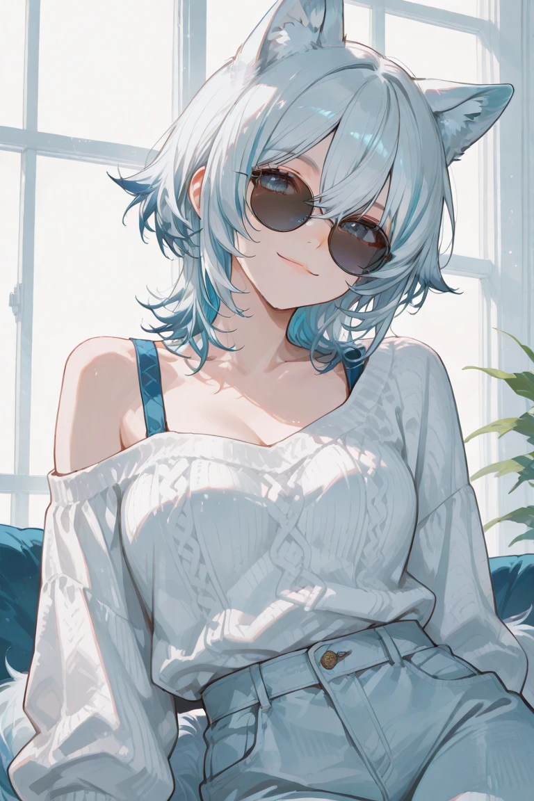 (((1 person　Gray Hair　Sit on the sofa　Crossing your legs　blue eyes)))　((High resolution　short hair　hoodie　Black Skirt　Rin々Funny face))　((Close-up))　((Blue butterfly　Asahi　Shining Aura　Catch the wind　Holding a cup　Drink coffee))　(smile　Bathed in light)　Shining Background　Shining Edge