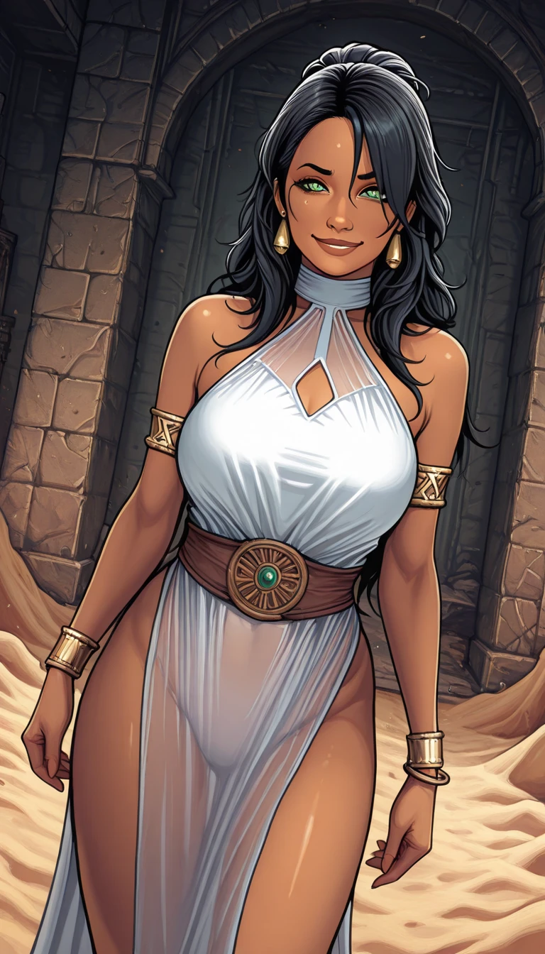 (masterpiece, top quality, best quality, official art, beautiful and aesthetic:1.2), (1girl:1.3), (((((statue of a woman with a cobra head, black skin, obsidian skin))))), extremely detailed, portrait, looking at viewer, solo, (full body:0.6), detailed background, close up, mischievous eyes, (hot summer Egypt theme:1.1), Egyptian goddess, gold Egyptian mask, gold facemask, (very long neck), pharaoh crown, mummy mask, Persian nose, bold nose, long nose, arched nose, downturned nose, large nose, black stone skin, onyx, charlatan, smirk, mysterious, walking in desert, revealing white and gold Egyptian silks, ((cobra head)), white short skirts, ((draped halter top), criss cross halter top, criss-cross halter top, criss cross straps, criss-cross straps), jewelry, white fabric, gold jewelry, precious stones, dual sickle swords, ((((gigantic breasts, cleavage, skindentation)))), slim waist, slim hips, long legs, ancient (Egyptian temple exterior:1.1) background, dark mysterious lighting, shadows, magical atmosphere, dutch angle,