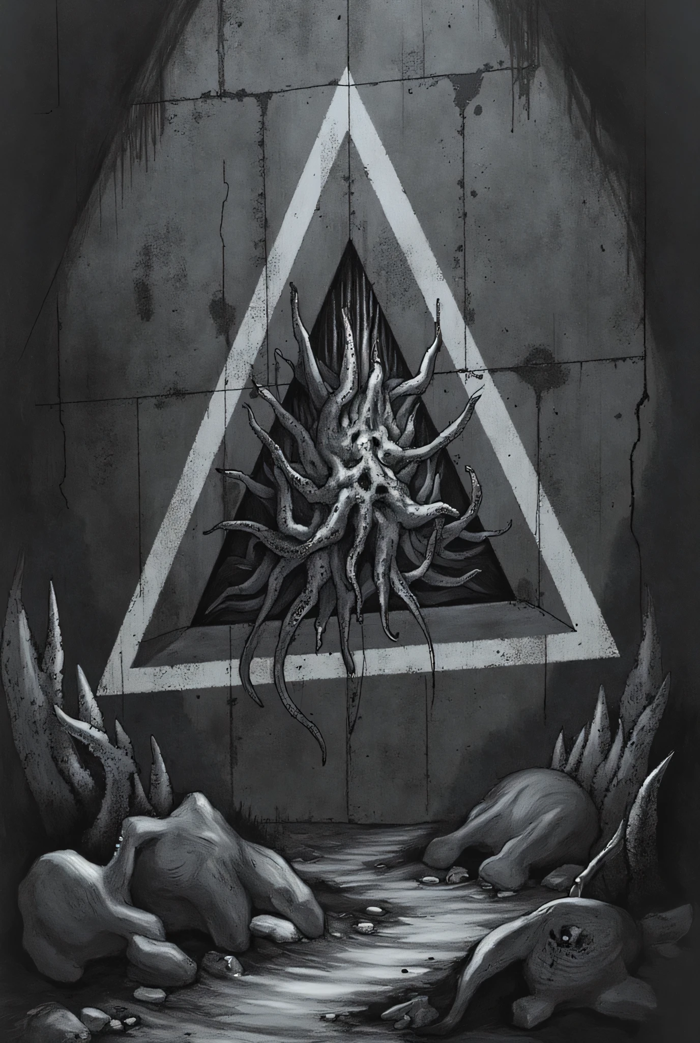A black concrete wall with a large white triangle imprinted on it deep underground, the triangle in a doorway into another dimension, many tentacles from an unknown beast are coming out of the triangle, dark surreal, p116 desolate world, Lovecraftian horror, high detail, masterpiece.