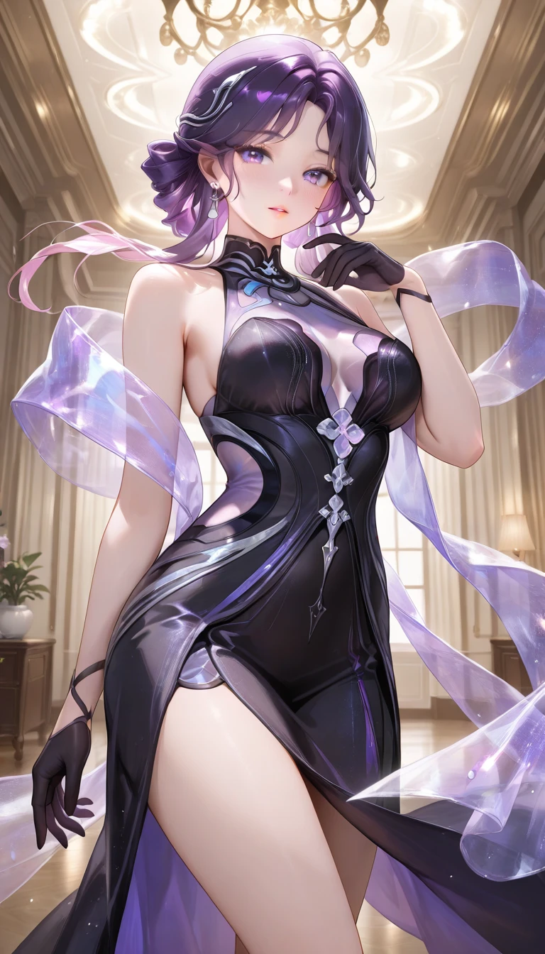 masterpiece, best quality, 1woman, adult, female focus, solo, short purple hair, vibrant purple eyes, looking at viewer, High quality metal texture, closed mouth, bangs, high collar,(kbxll:0.6), Fantasy aesthetics, Highly detailed, shadowverse style, full body, white dress