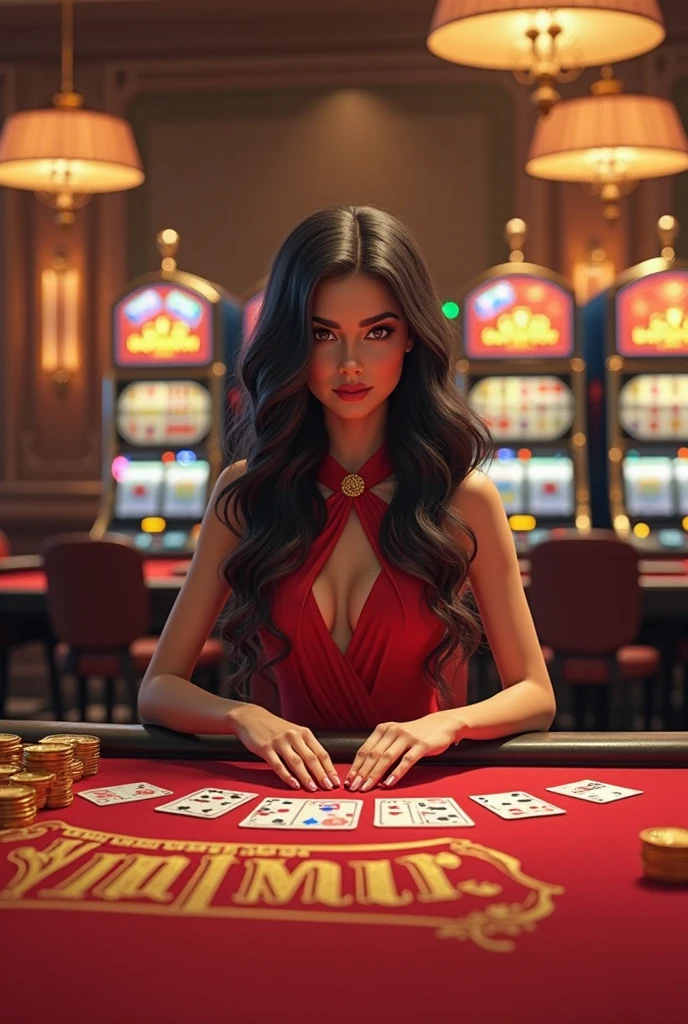 There is a female croupier in a low-cut red dress in the casino dazzling eyes and jewels in her hair, hands reach for the lens, eyes hook the soul seduces you, a casino covered with jewels, inside a casino, casino, Vesper Lynd de Casino Royale, online casino logo, screenshot of a stunning screen, Playing Poker, video game screenshot, White Widow, levitating cards.
