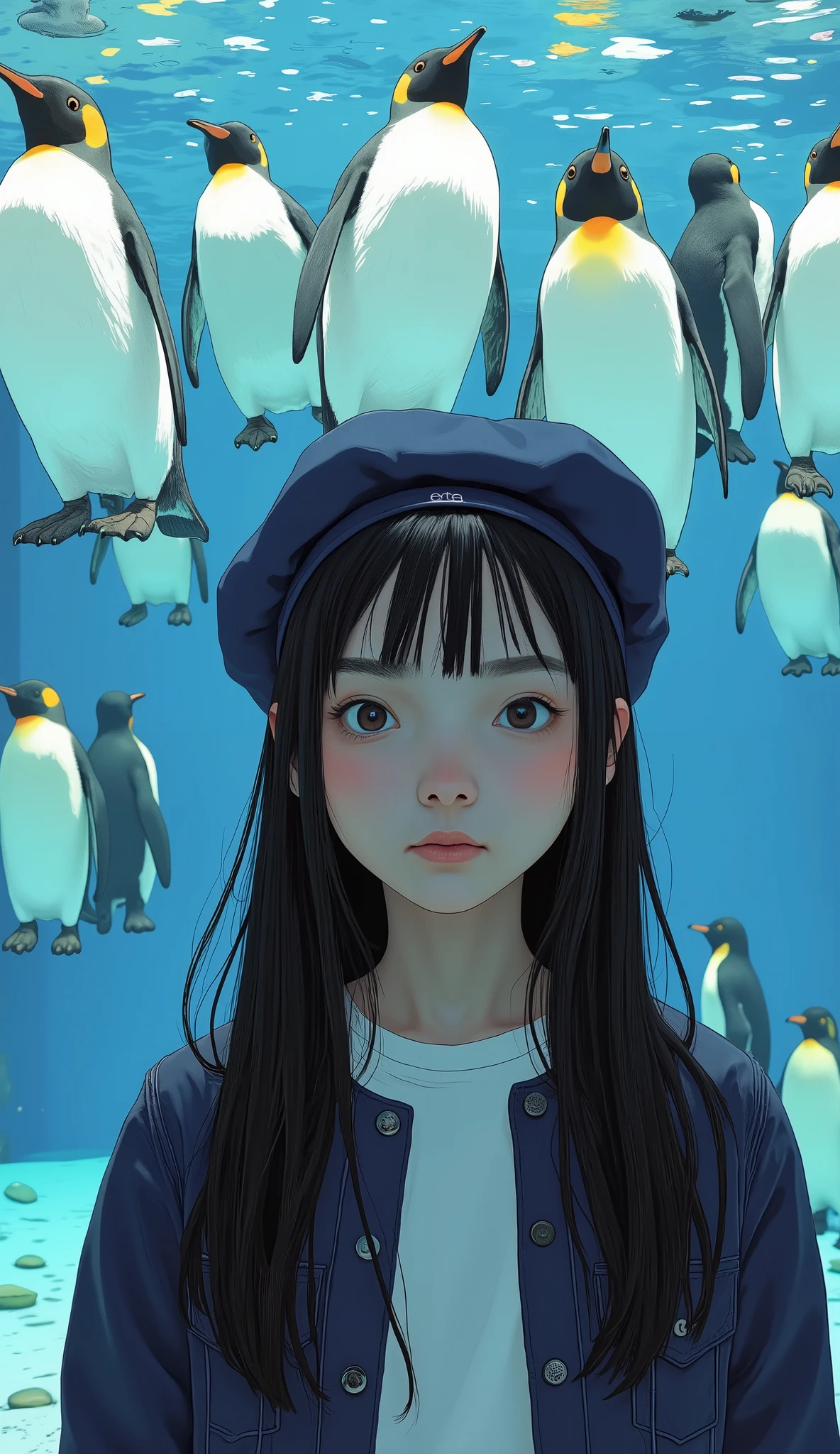 super realistic 、 photorealistic 、Woman visiting an aquarium , clean white skin 、My hair、 beret、Long Hair with Volume 、 wearing a white shirt inside a dark blue jacket 、 beautiful woman、 front shot、 upper body、Penguins line up like bowling pins in a large tank、