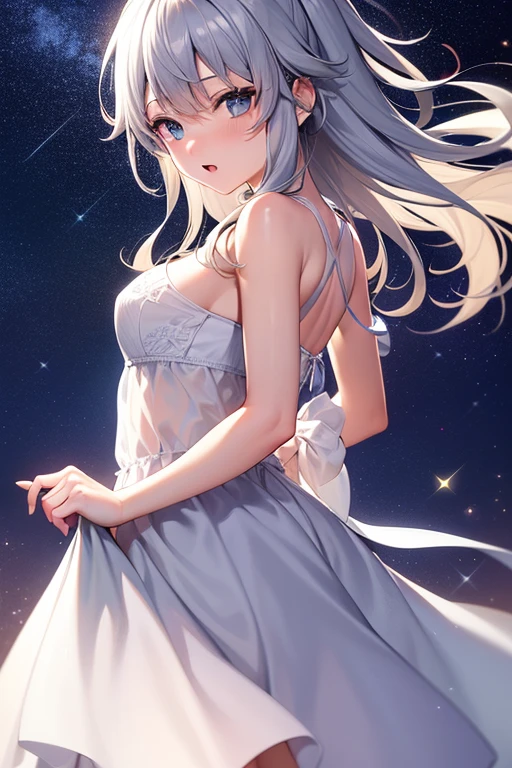 masterpiece, Highest quality, High resolution,Follow the on-screen instructions、Anime Style、Follow the prompts、One Girl、Long silver hair、、I can see your back、Wish、Close your eyes, clasp your hands, and bend your elbows、shooting star、Night Sky