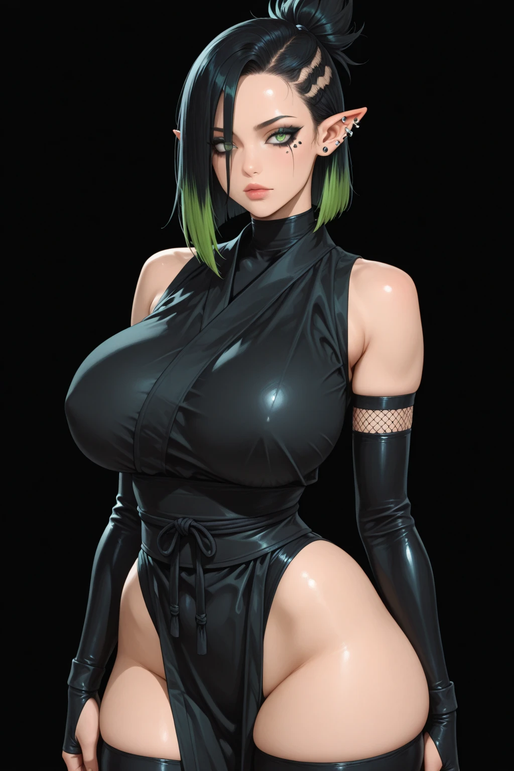 (((Fubuki))) (hero alias Blizzard de One Punch Man) sexy ((big breast )) ((lleva un vestido largo))) (((con la pierna descubierta verde oscuro ajustado cuello de tortuga))) ((tiene un abrigo de piel de oso)), ((collar de perlas)), ((imagen cuerpo completo)), que parezca un render de z brush, 8k cuerpo completo , (((fubuki)) sensual perfect body