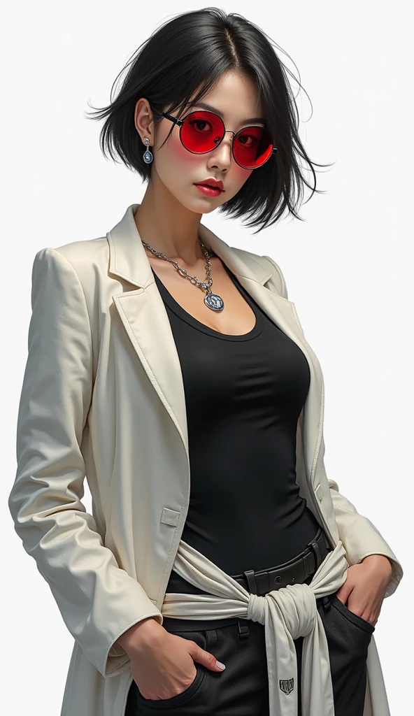Lexa Doig, short bobcut black hair with red streaks,high quality,resolution:8k,realistic,beautiful detailed eyes,beautiful detailed lips,white suit,pencil skirt,high heels,vivid colors,portraits,studio lighting