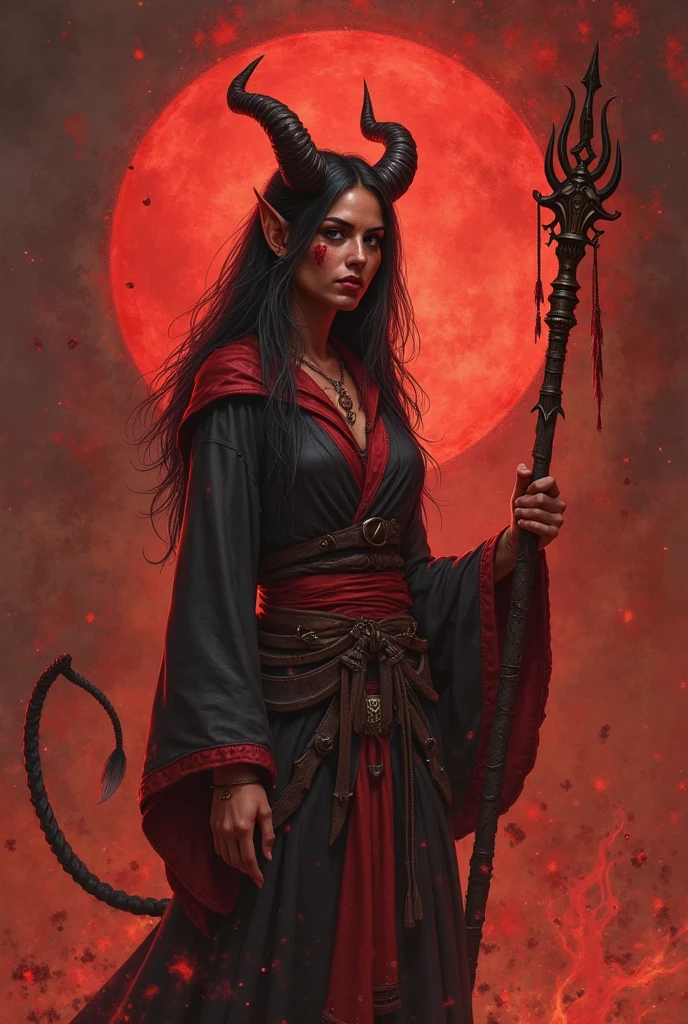 1girl, female, solo, tiefling, ((red skin, red colored skin, deep red skin)), Woman, jewelery, ear piercings, (, straight black horns, black oni horns), black hair, long hair, yellow eyes, black lips, choker, goth, horn ornament, armour, ((master piece, best quality)), horns, pointed ears, make-up, black lipstick, (face detailed), face focus, portrait, fully body, wearing black kimono, long flowing kimono, natural breasts, medium breasts, (red skin)