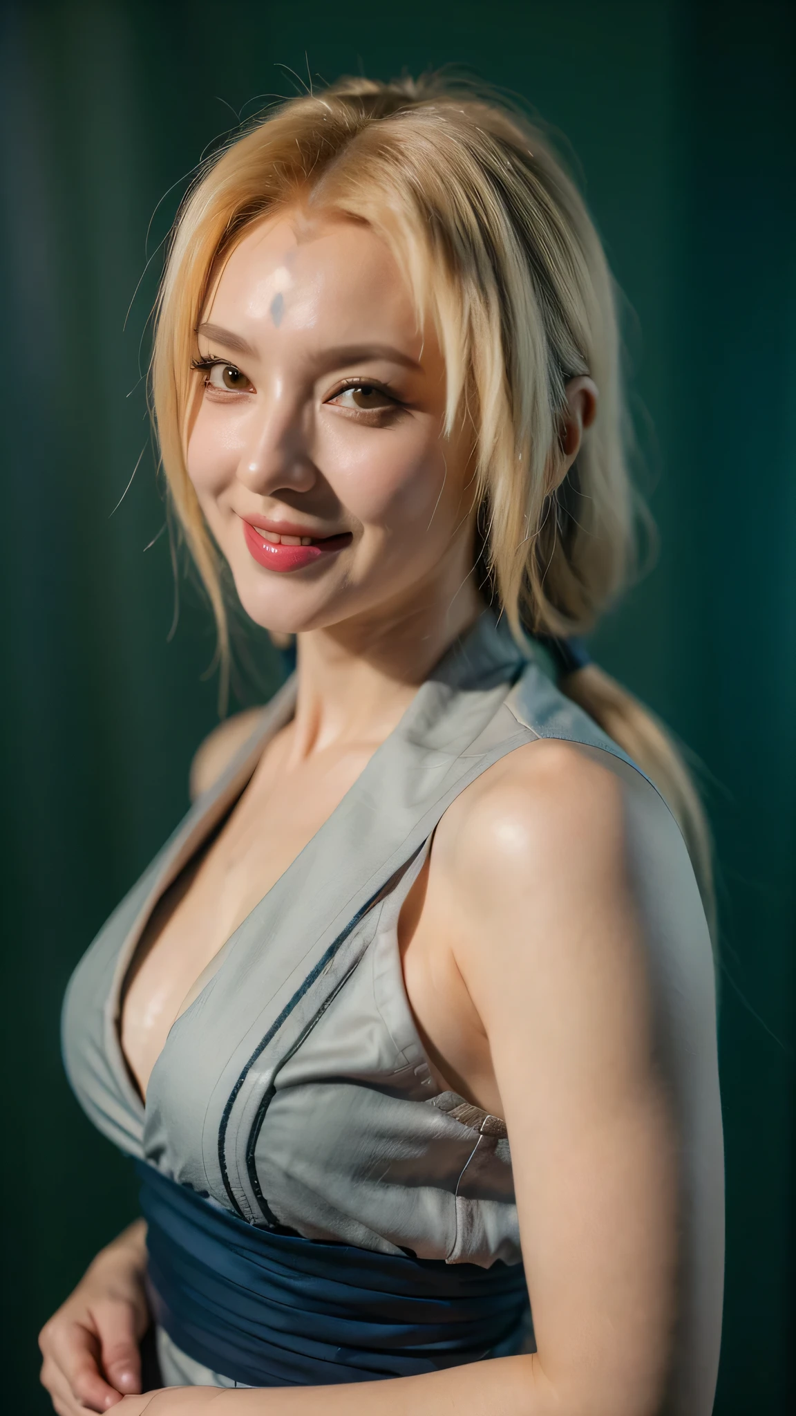 A close-up portrait of a real-life woman cosplaying as Tsunade from Naruto Shippuden, extremely realistic and highly detailed, ultra HD. She has long blonde hair tied in two ponytails, fair skin, and warm brown eyes. She is smiling gently, exuding beauty and strength. She wears Tsunade's signature outfit: a grey-green haori over a low-cut blouse with a dark blue obi sash. Her forehead has the violet Strength of a Hundred Seal mark. Studio lighting, soft background blur, cinematic depth of field, photorealistic face, lifelike textures, ultra sharp focus