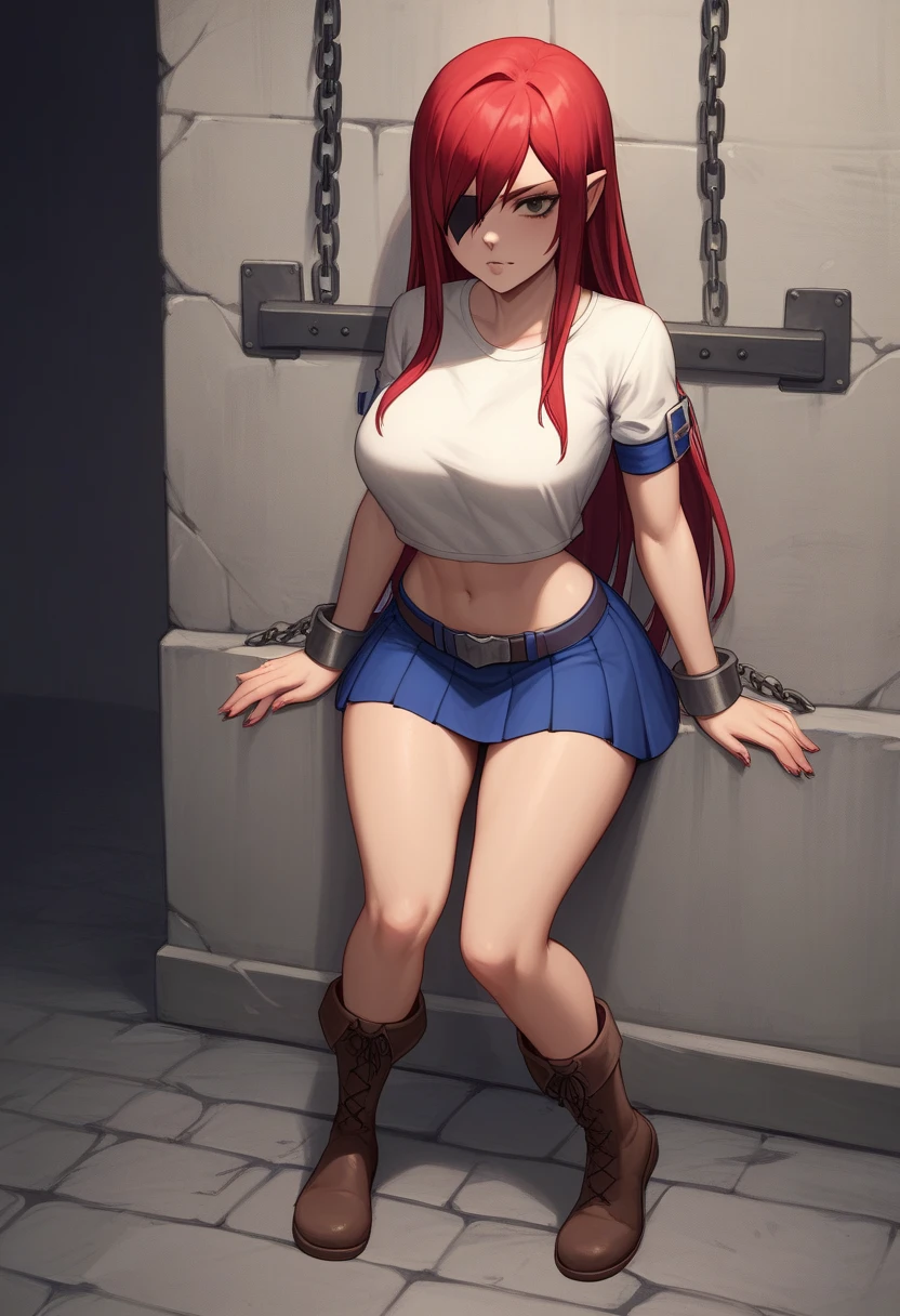 score_9, score_8_up, score_7_up, score_6_up, score_5_up, score_4_up, source_anime, 1woman, fairy tail, long hair, red hair, brown eyes, neck ribbon, bare shoulders, white shirt,black high heels, sleeveless, center frills, blue skirt, hair over one eye, w-w-chain, shackles, spread arms, dungeon, best quality, best res, 4K UHD,
 